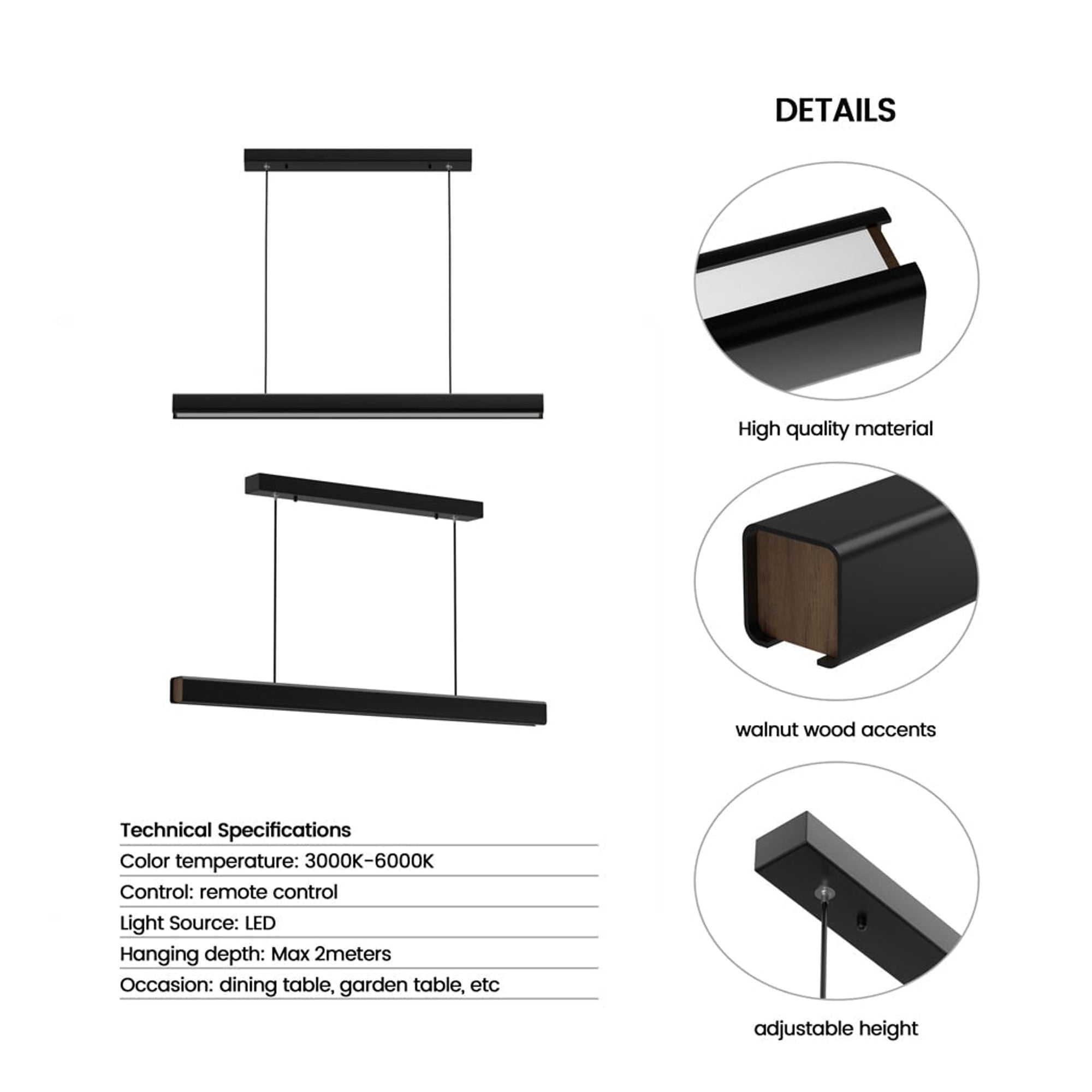LED Chandeliers Linear Pendant Light Black Finish Walnut Wood Adjustable Dimmable Ceiling - Image 12