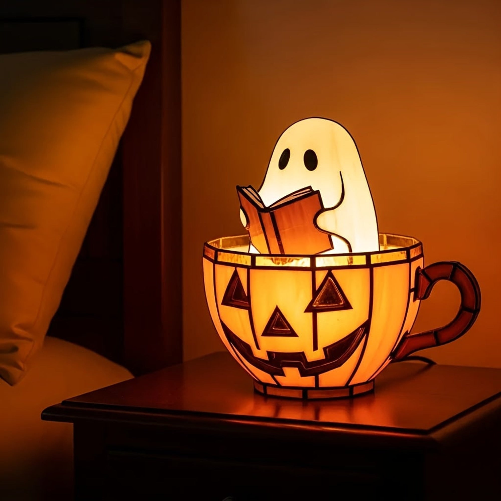 Lighted Ghost Halloween Decor Figurine Reading Book With Stained-Glass Style Light Effect - Image 4