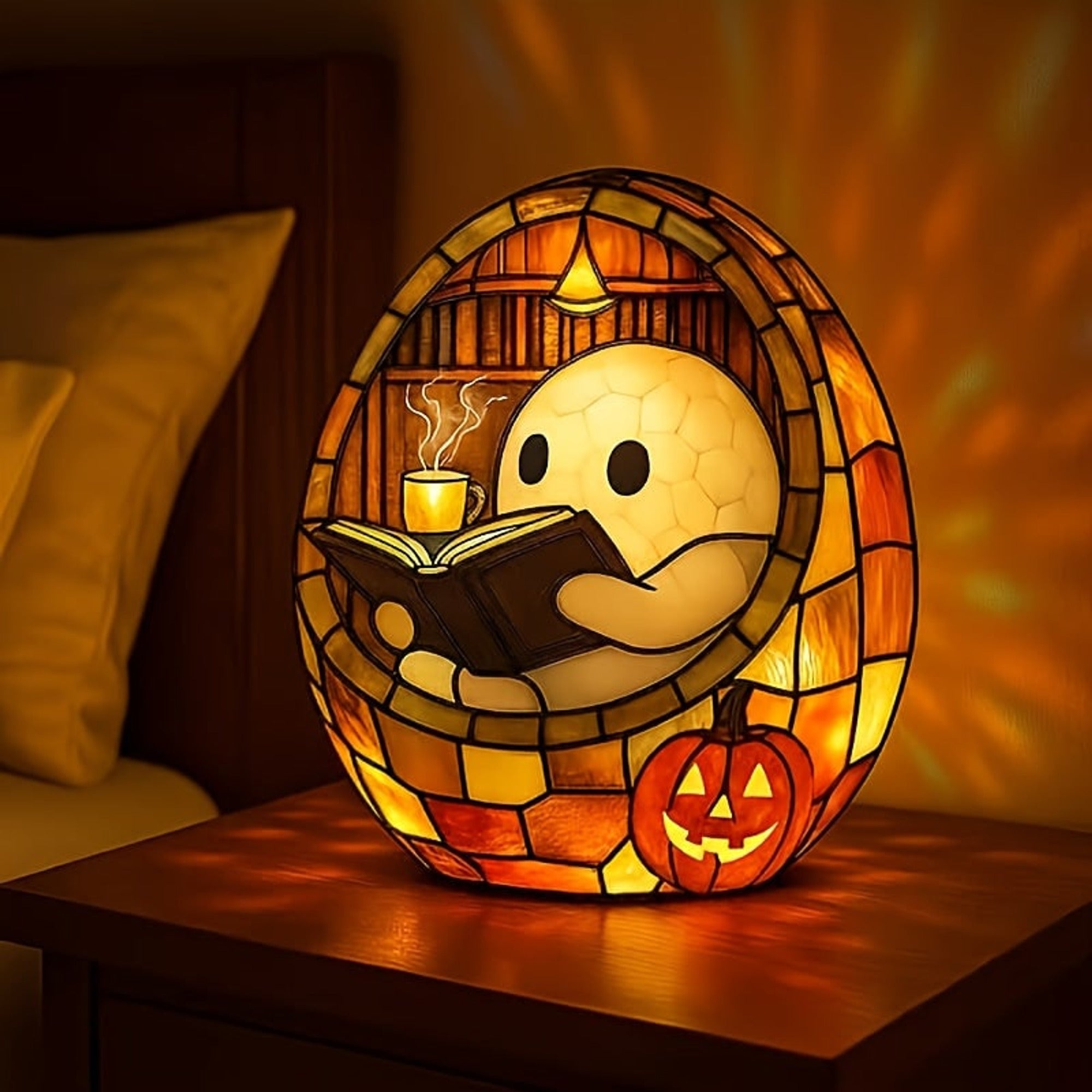 Lighted Ghost Halloween Decor Figurine Reading Book With Stained-Glass Style Light Effect - Image 2