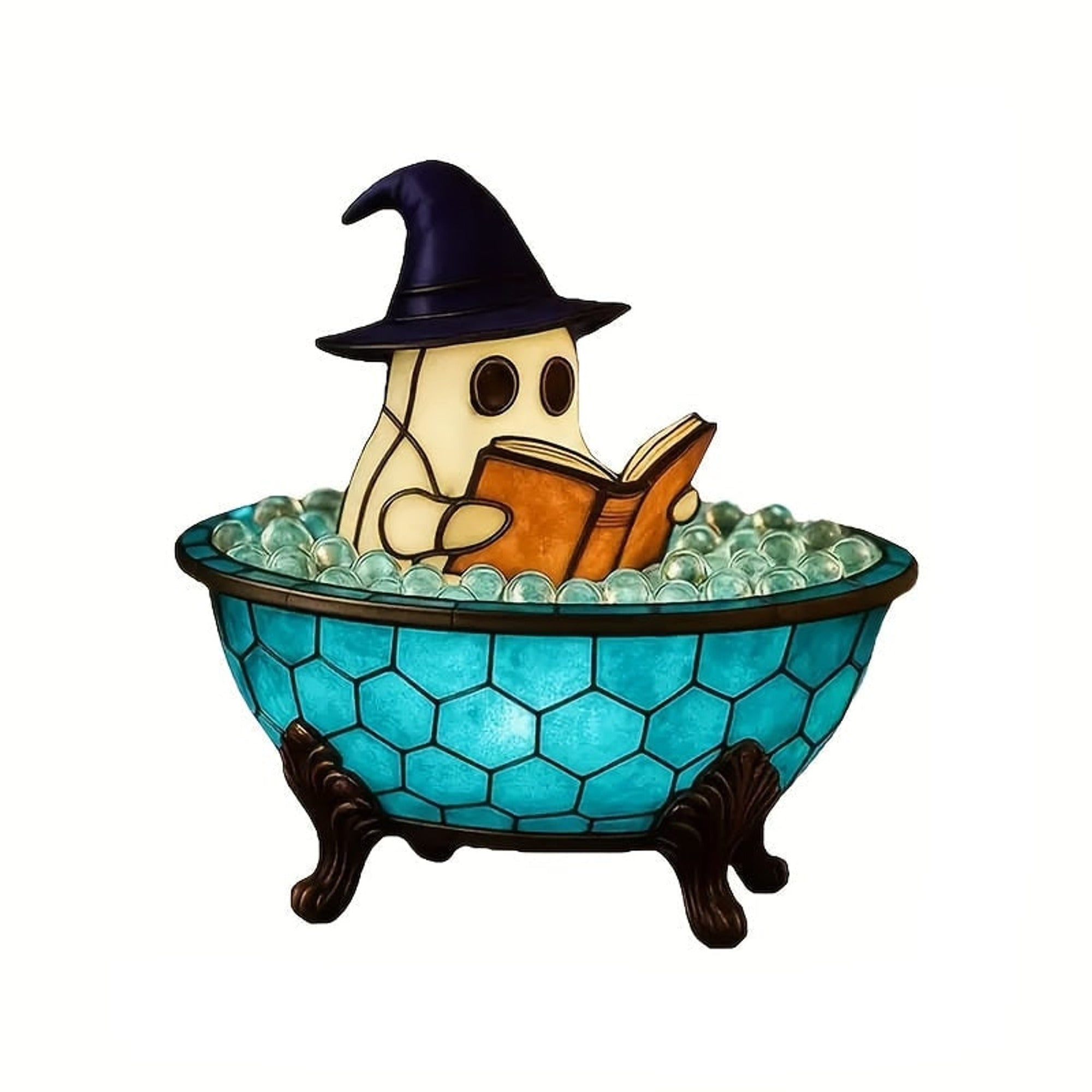 Lighted Ghost Halloween Decor Figurine Reading Book With Stained-Glass Style Light Effect - Image 6
