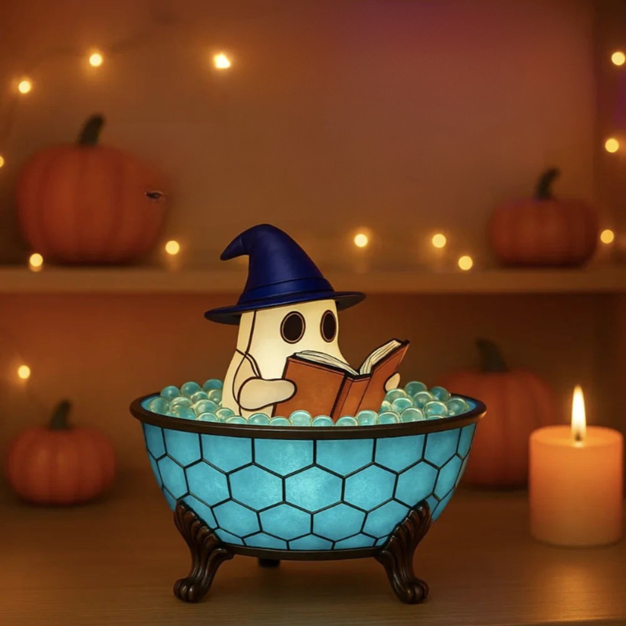 Lighted Ghost Halloween Decor Figurine Reading Book With Stained-Glass Style Light Effect - Image 3