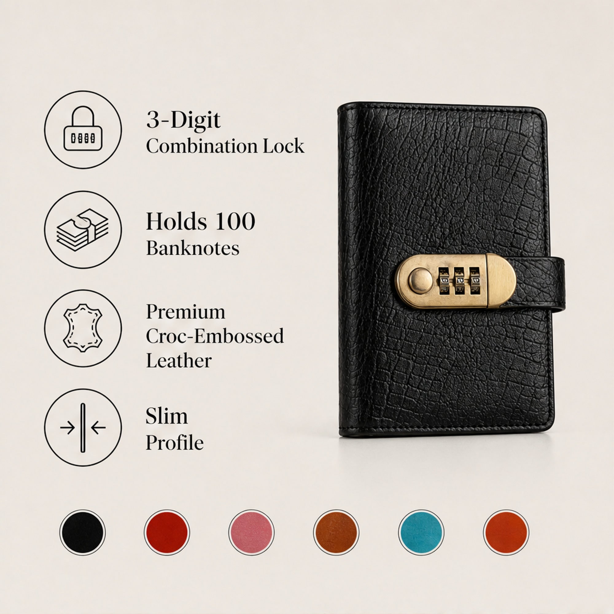 Lockable A6 Savings Notebook With Combination Lock Croc-Embossed Leather - Image 7