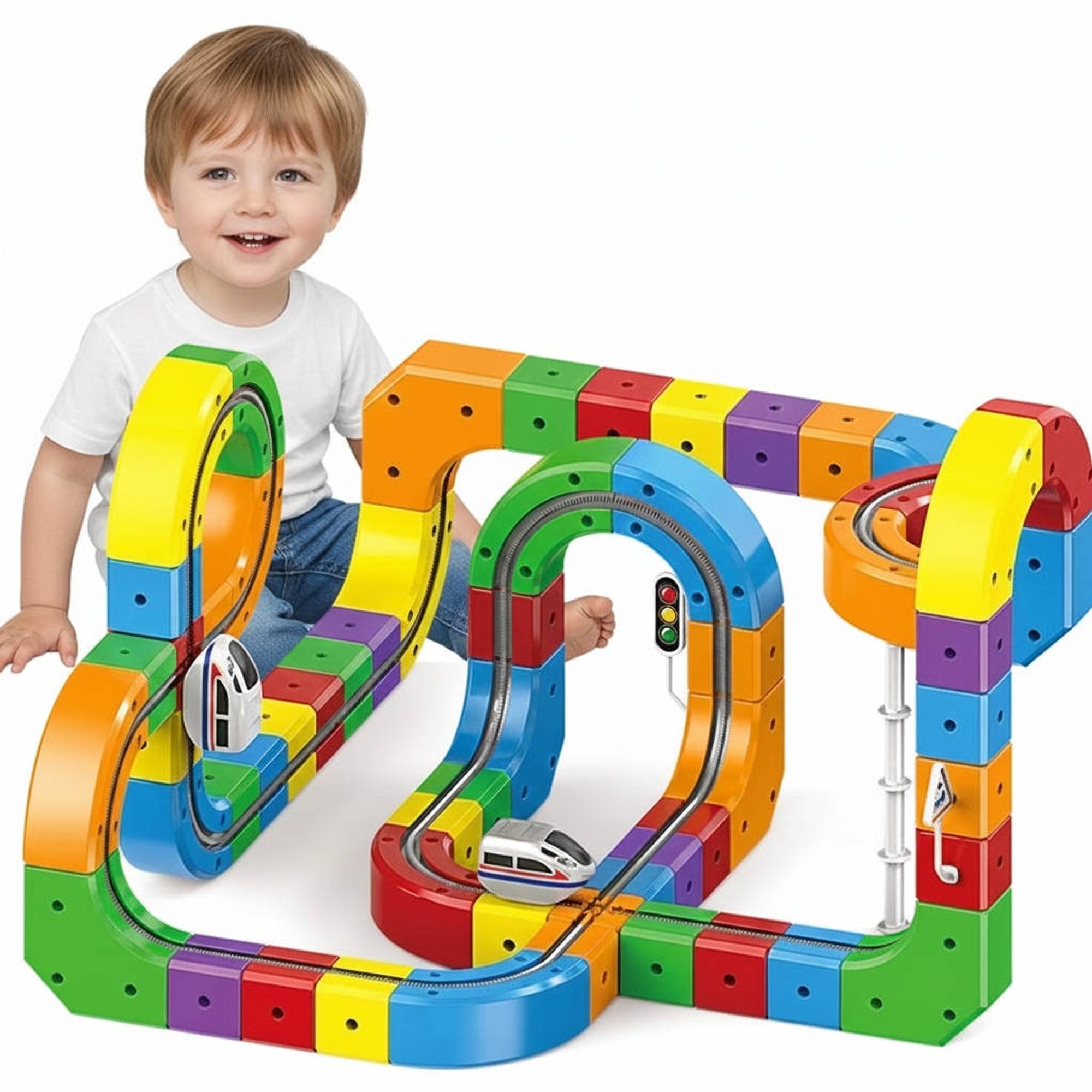 Magnetic Train Track Toy With 3D Snap-Together Cubes Bridges Loops And Rechargeable Train - Image 1