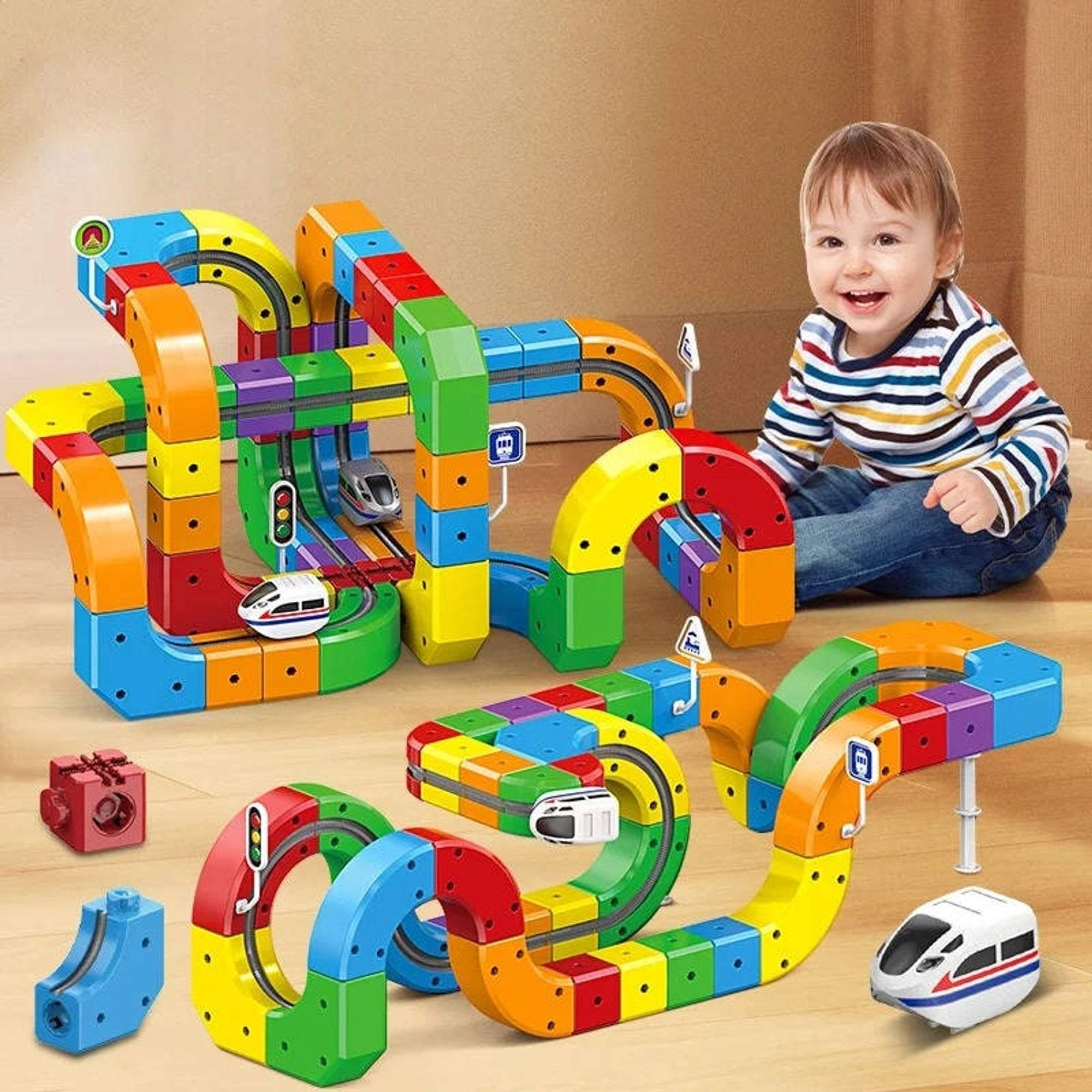 Magnetic Train Track Toy With 3D Snap-Together Cubes Bridges Loops And Rechargeable Train - Image 2
