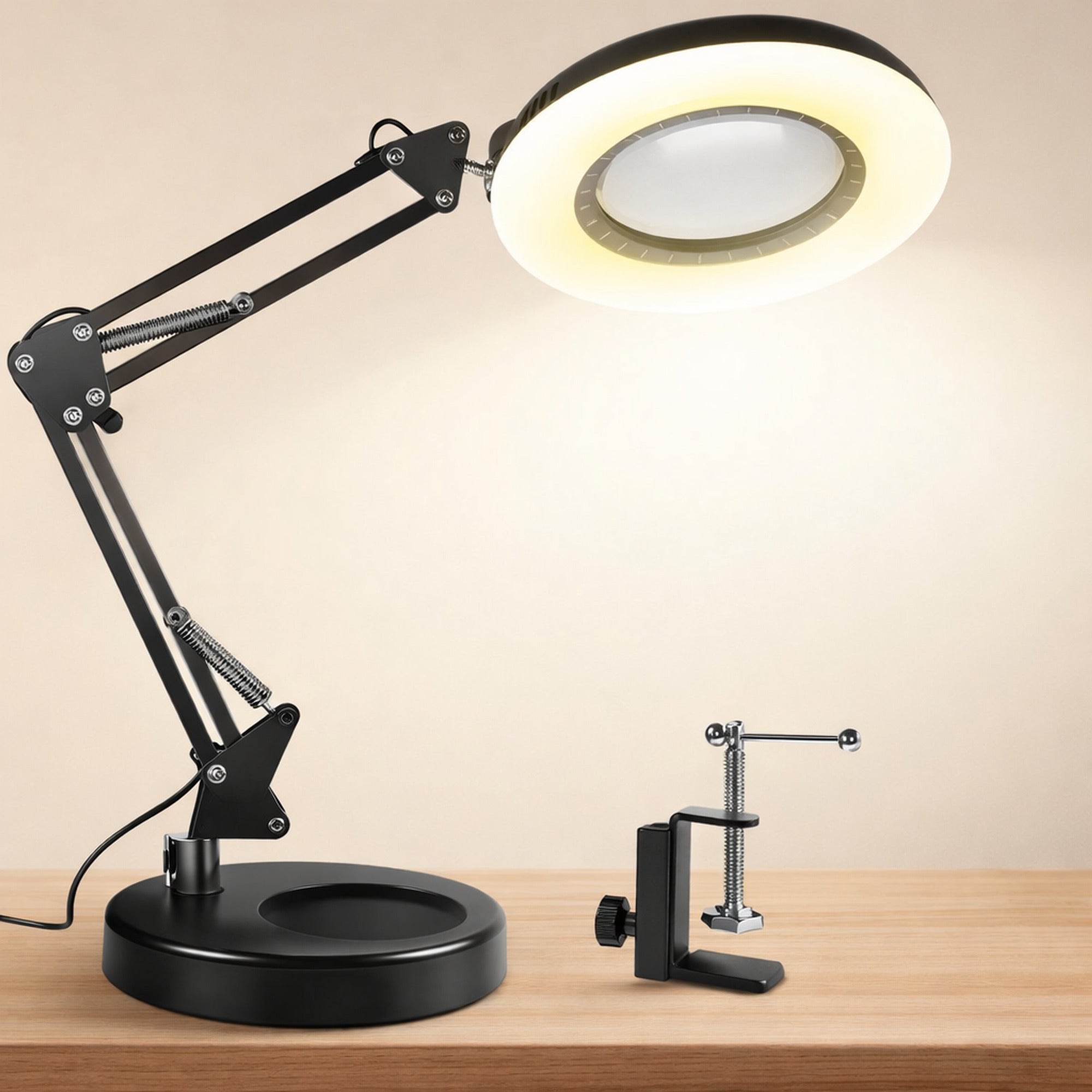 Magnifying Lamp With Clear Glass Ring Light And Adjustable Metal Arm - Image 1
