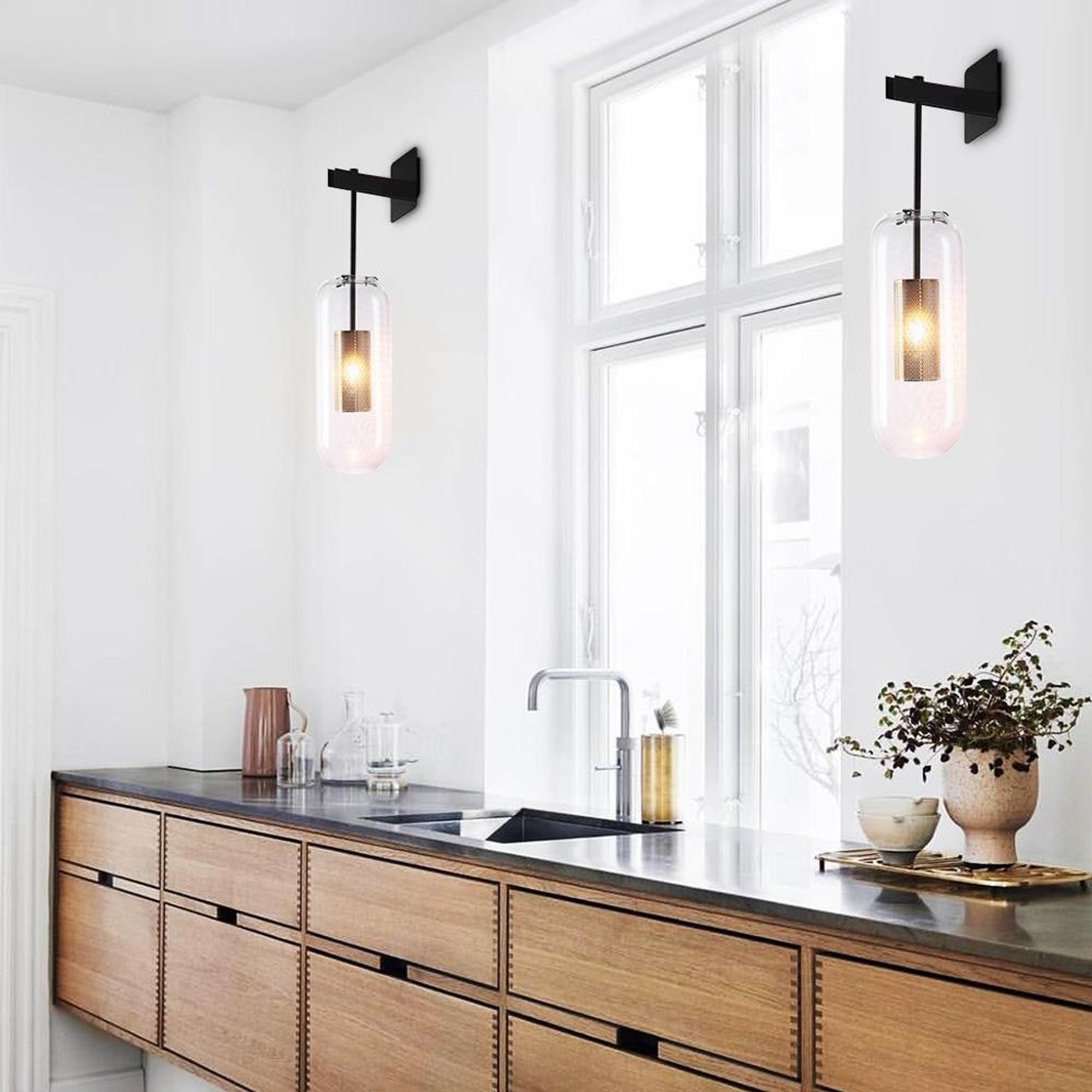 Mid Century Modern Cylinder Sconces With Clear Glass Arm-Mounted Light - Image 2