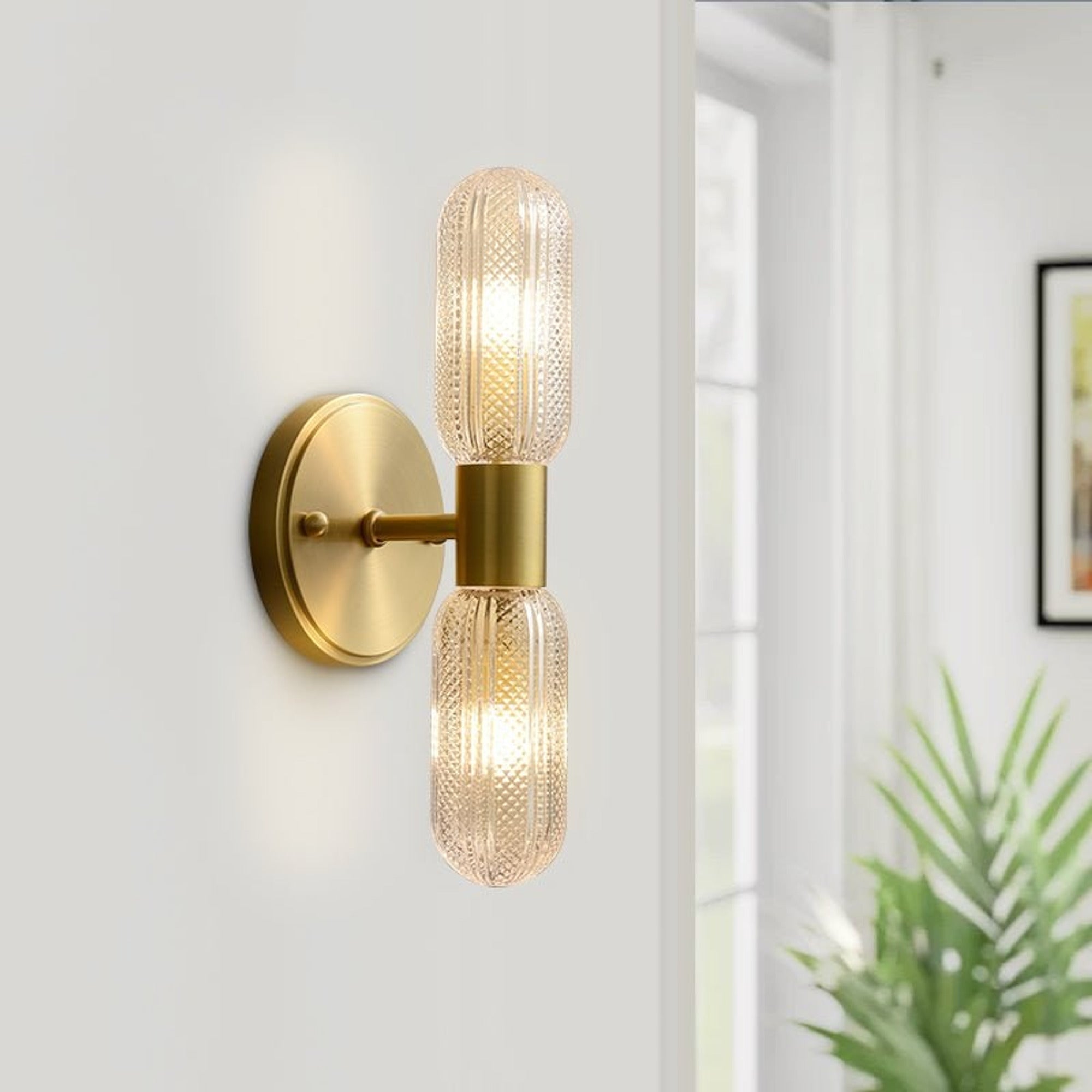 Modern Textured Glass Cylinder Sconces With Brass Up And Down Light - Image 4