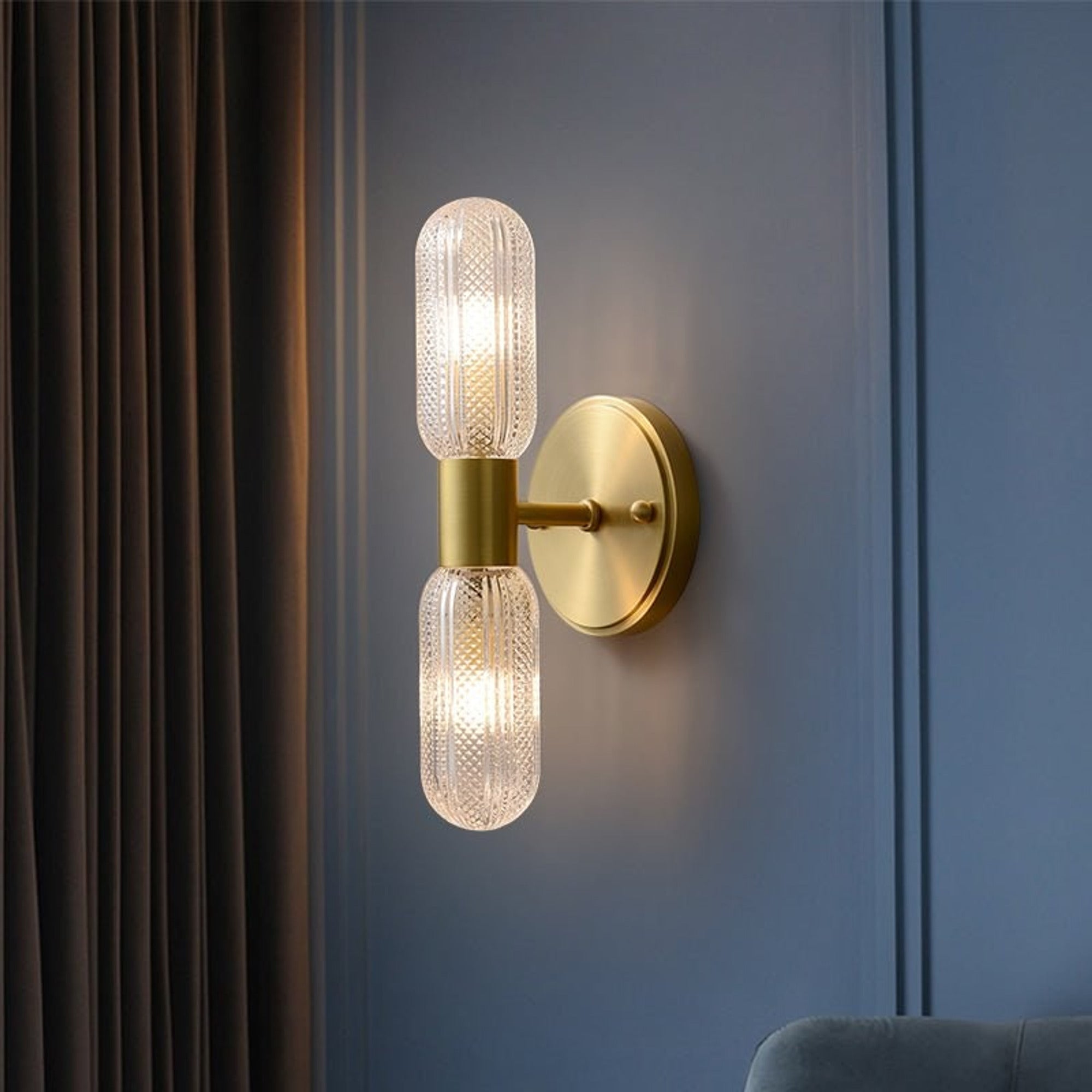 Modern Textured Glass Cylinder Sconces With Brass Up And Down Light - Image 3