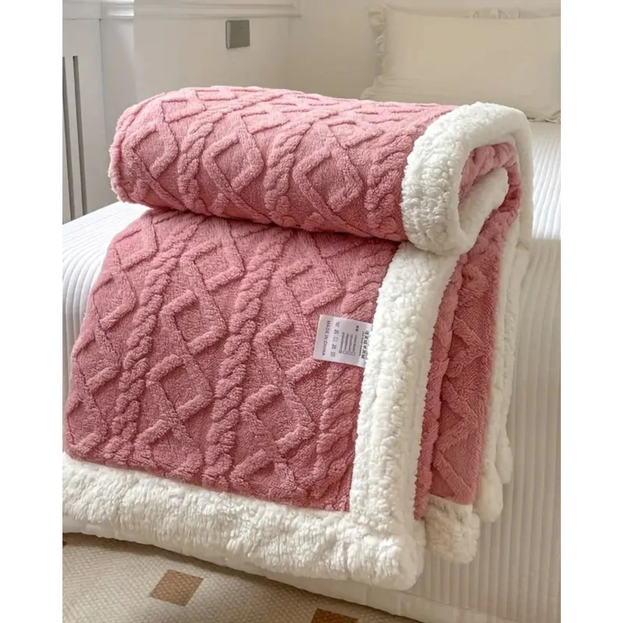 Plush Throw Blanket Cable-Knit Textured Sherpa Border - Image 10
