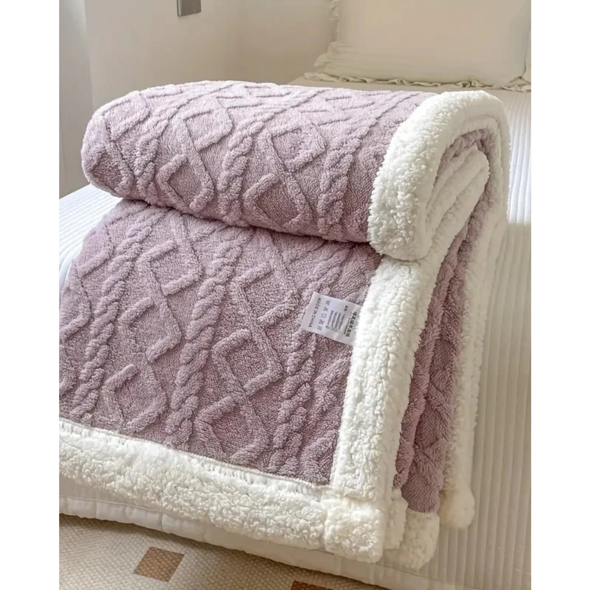 Plush Throw Blanket Cable-Knit Textured Sherpa Border - Image 5