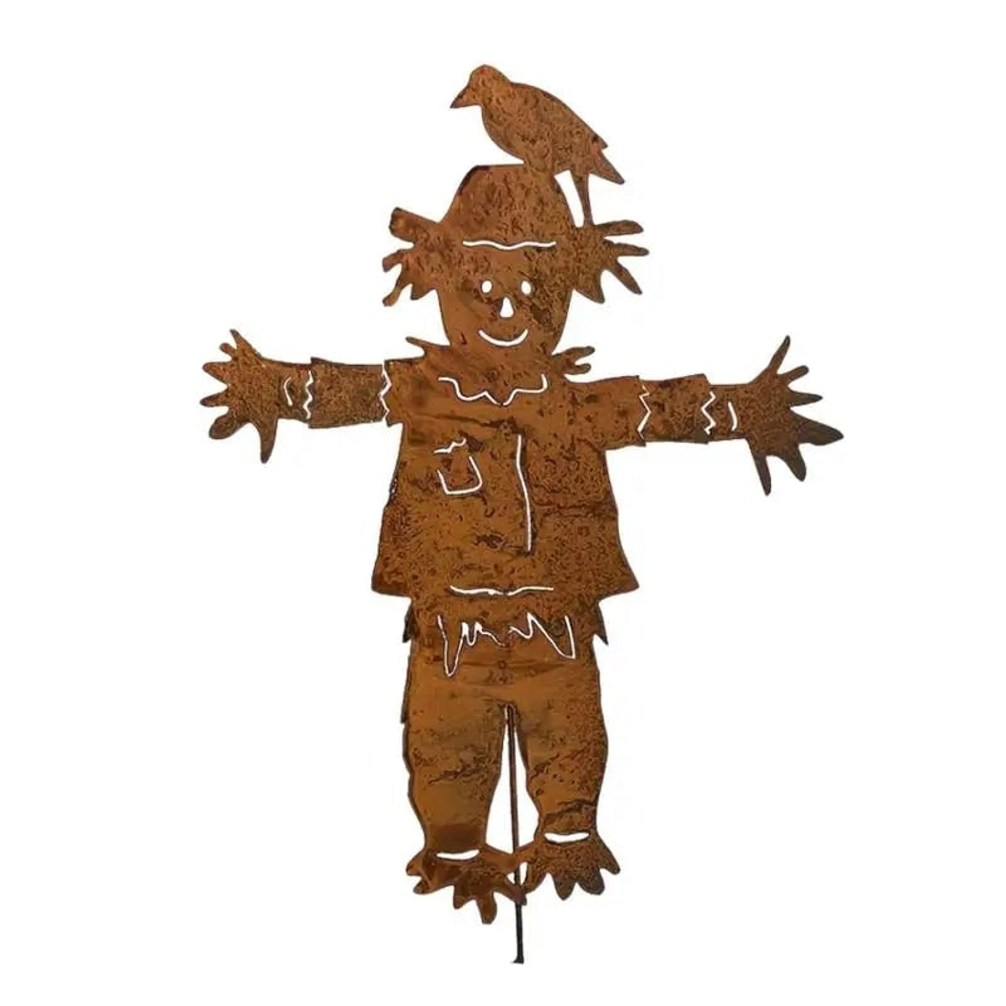 Rustic Metal Scarecrow Stake Vintage Garden Bird Scarer With Patina Finish - Image 1