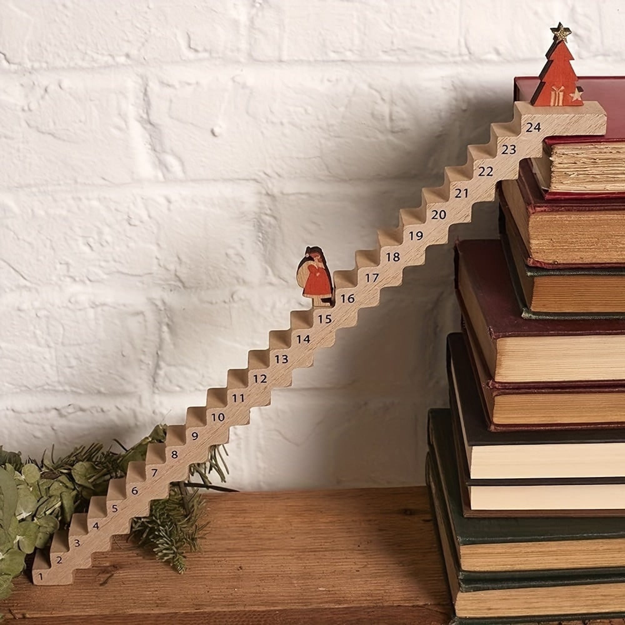 Santa Christmas Advent Calendar With Art Deco Climbing Ladder Design In Brown Engineered Wood - Image 2