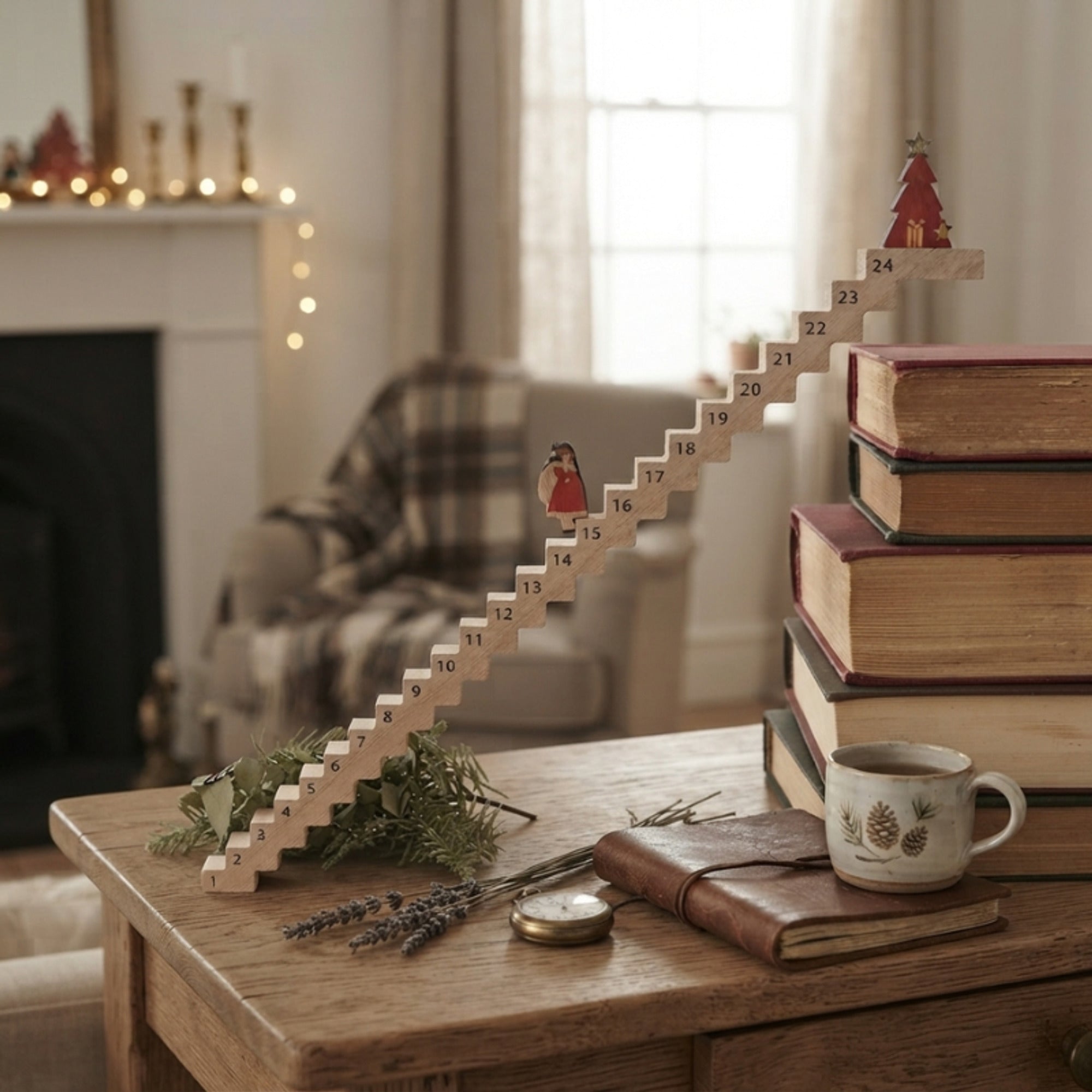 Santa Christmas Advent Calendar With Art Deco Climbing Ladder Design In Brown Engineered Wood - Image 5
