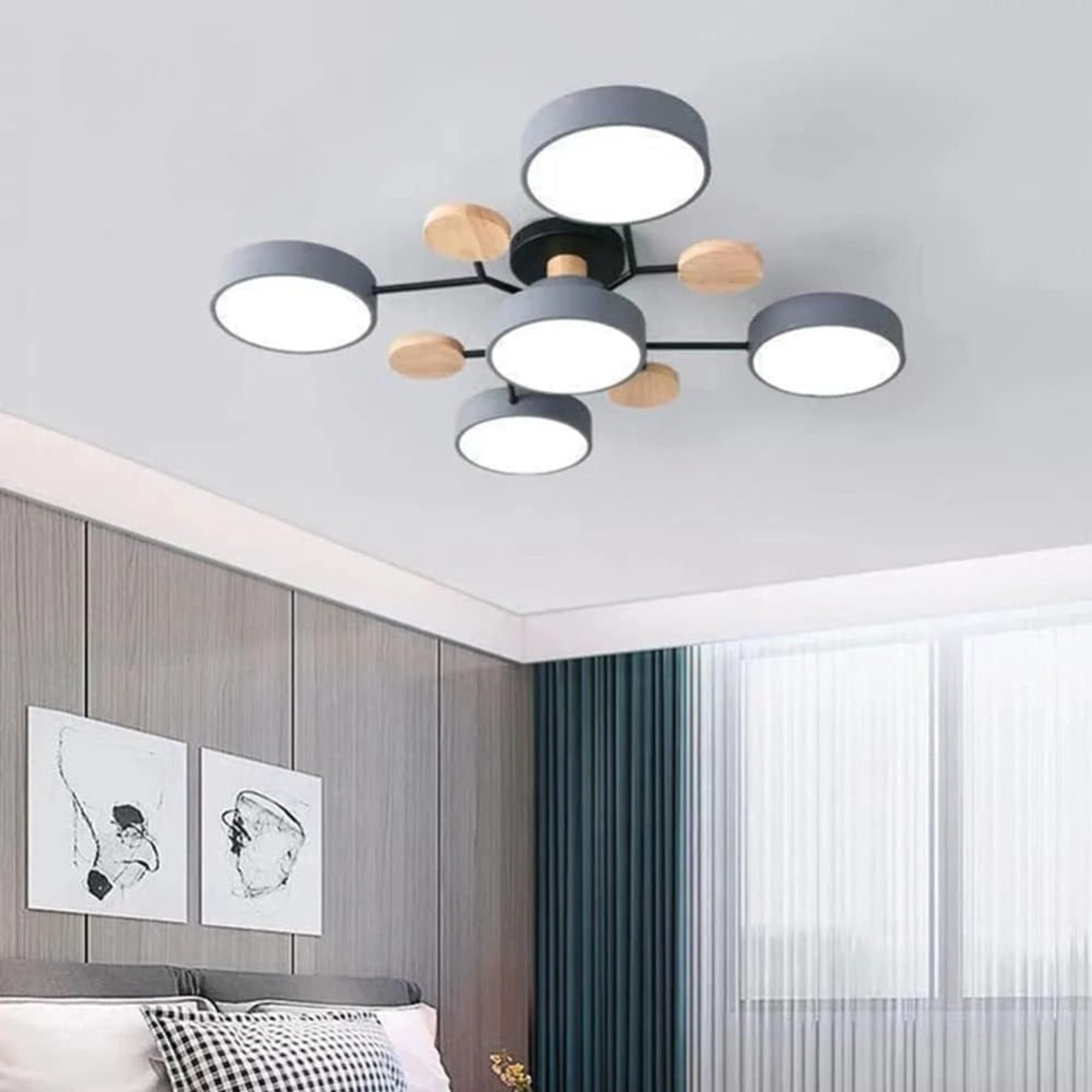 Semi Flush Ceiling Light Chandelier Modern LED Wooden Accents - Image 3