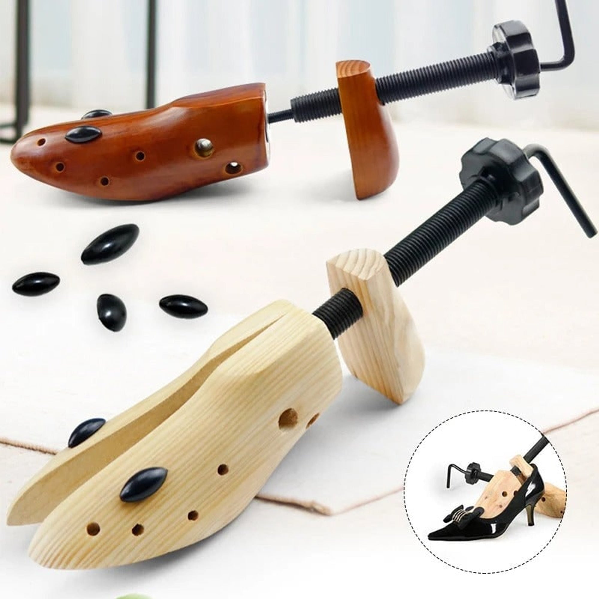 Shoe Stretcher Adjustable Wooden Expander And Widener With Pressure Relief Plugs - Image 1