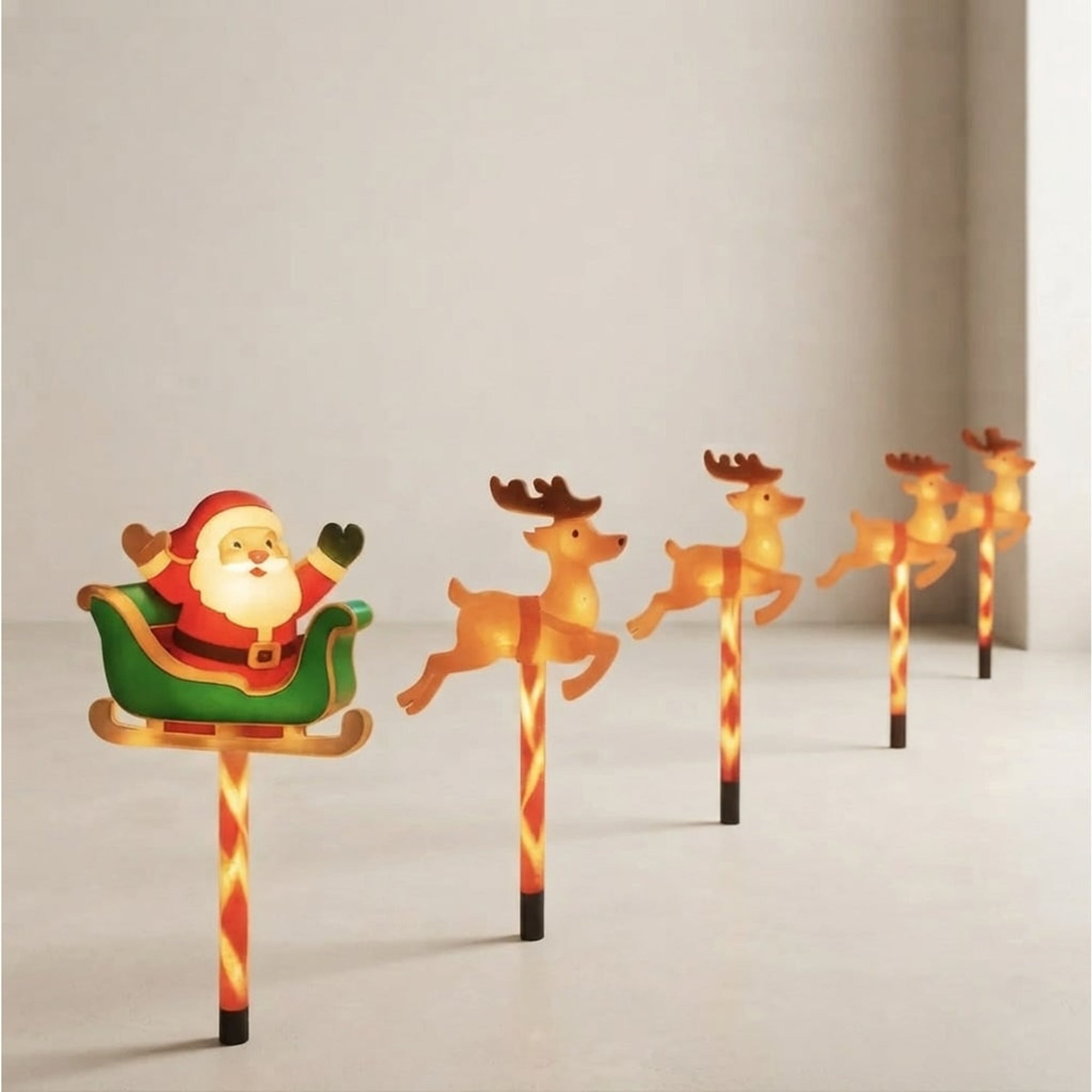 Solar Powered Yard Lights Outdoor Christmas 5 Piece LED Santa And Reindeer Stake Set With Glowing Figures - Image 1