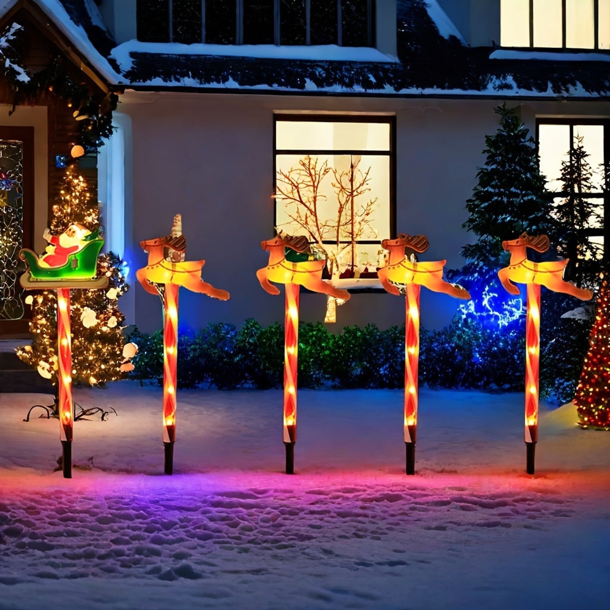 Solar Powered Yard Lights Outdoor Christmas 5 Piece LED Santa And Reindeer Stake Set With Glowing Figures - Image 6