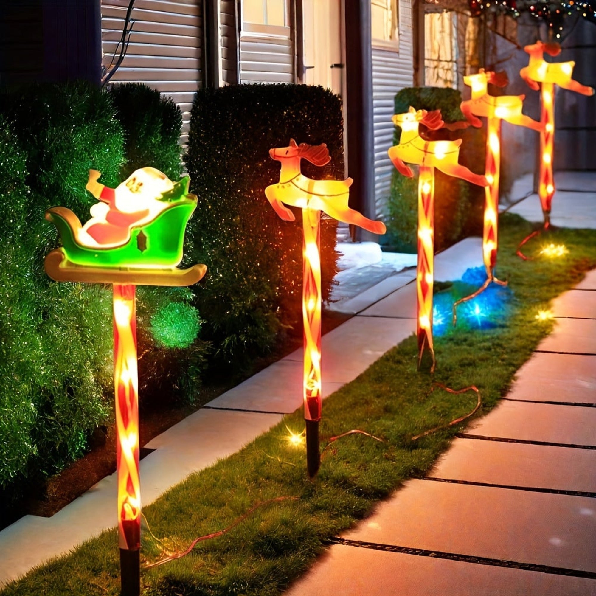 Solar Powered Yard Lights Outdoor Christmas 5 Piece LED Santa And Reindeer Stake Set With Glowing Figures - Image 2