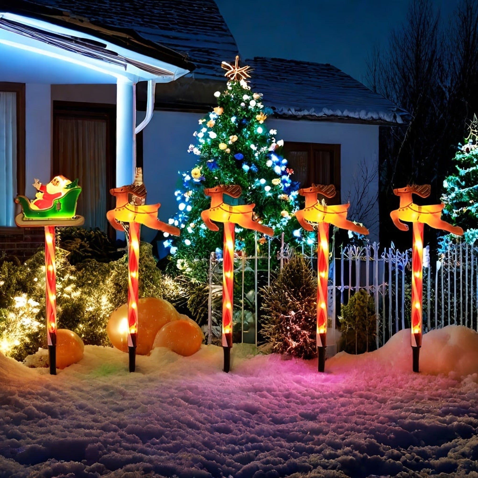 Solar Powered Yard Lights Outdoor Christmas 5 Piece LED Santa And Reindeer Stake Set With Glowing Figures - Image 4