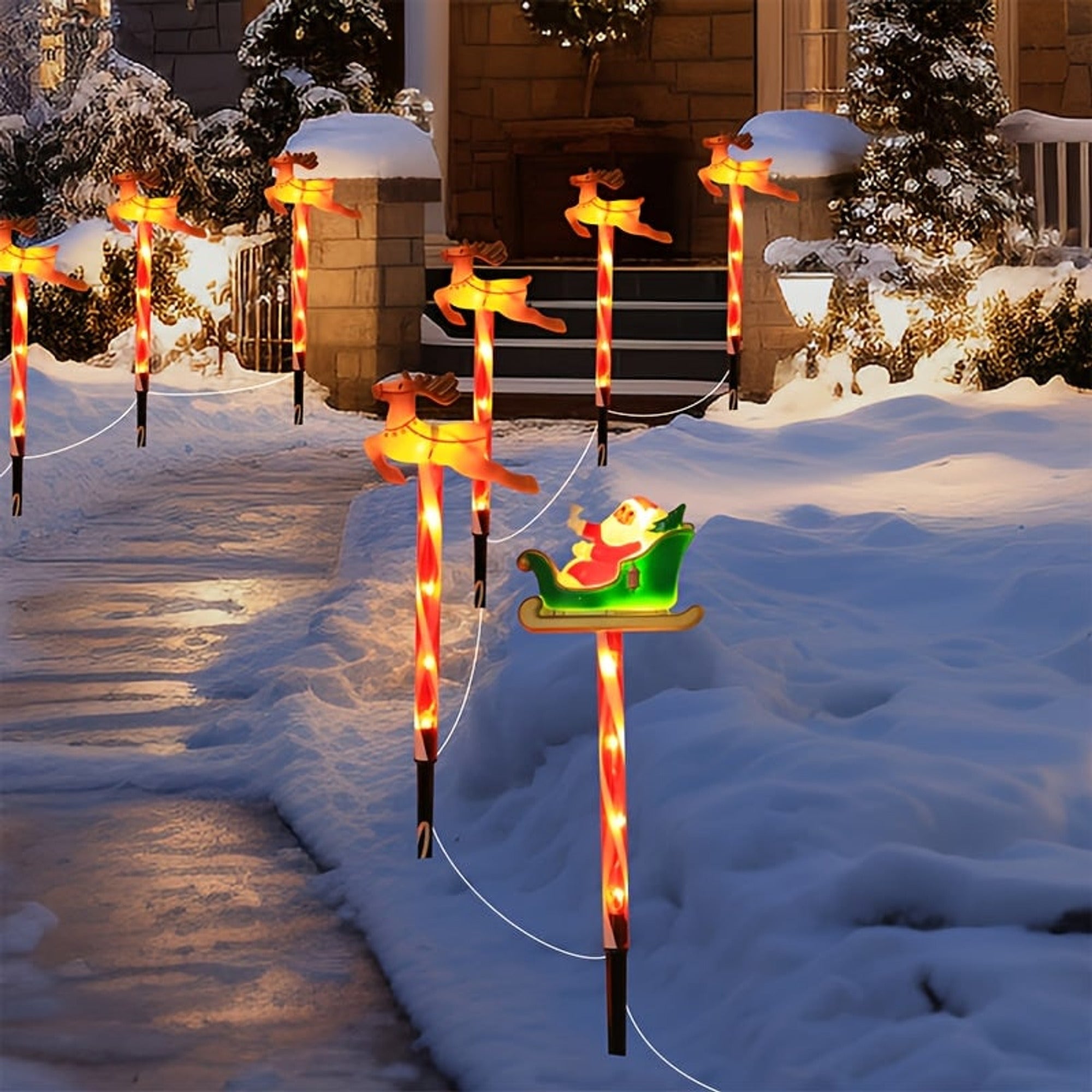 Solar Powered Yard Lights Outdoor Christmas 5 Piece LED Santa And Reindeer Stake Set With Glowing Figures - Image 3