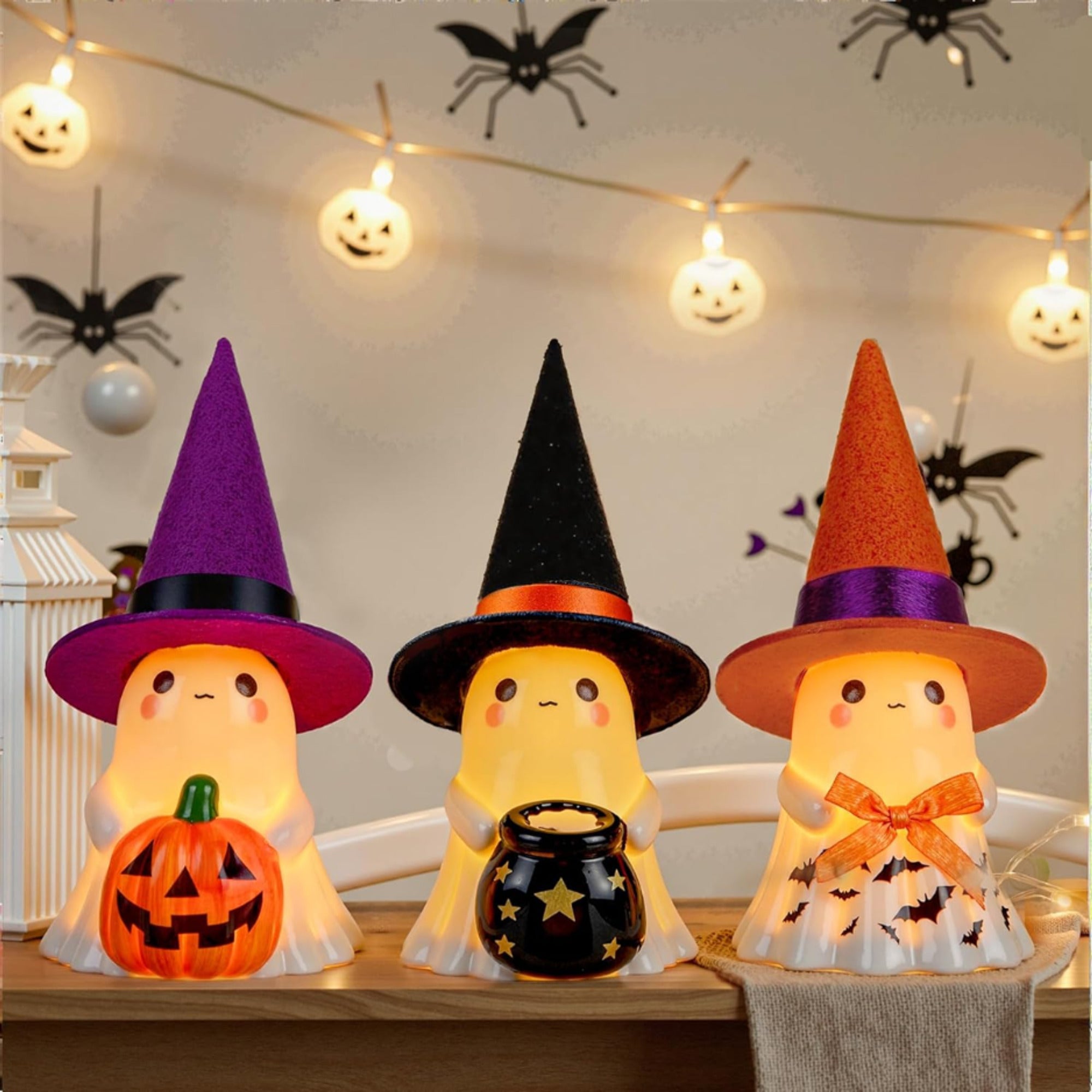 Spooky Ceramic Ghost Figurines Halloween Table Decorations With Lit Up Hats - Image 1