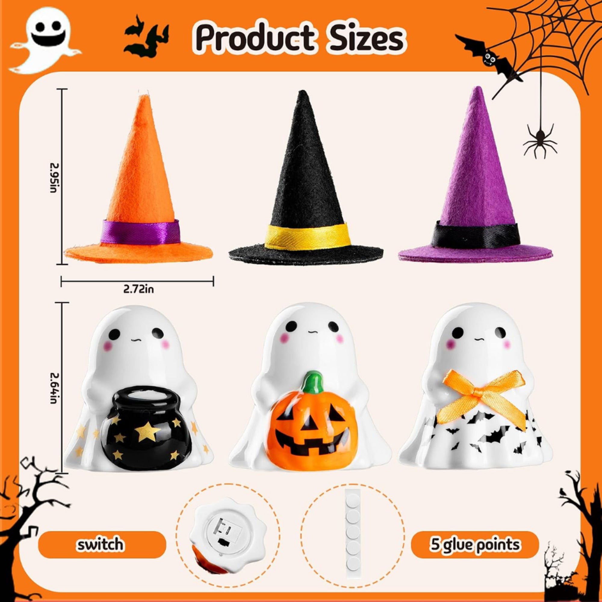 Spooky Ceramic Ghost Figurines Halloween Table Decorations With Lit Up Hats - Image 5