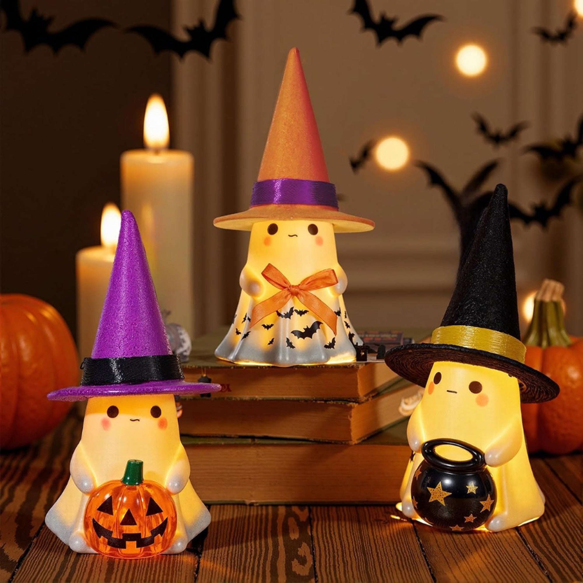 Spooky Ceramic Ghost Figurines Halloween Table Decorations With Lit Up Hats - Image 3