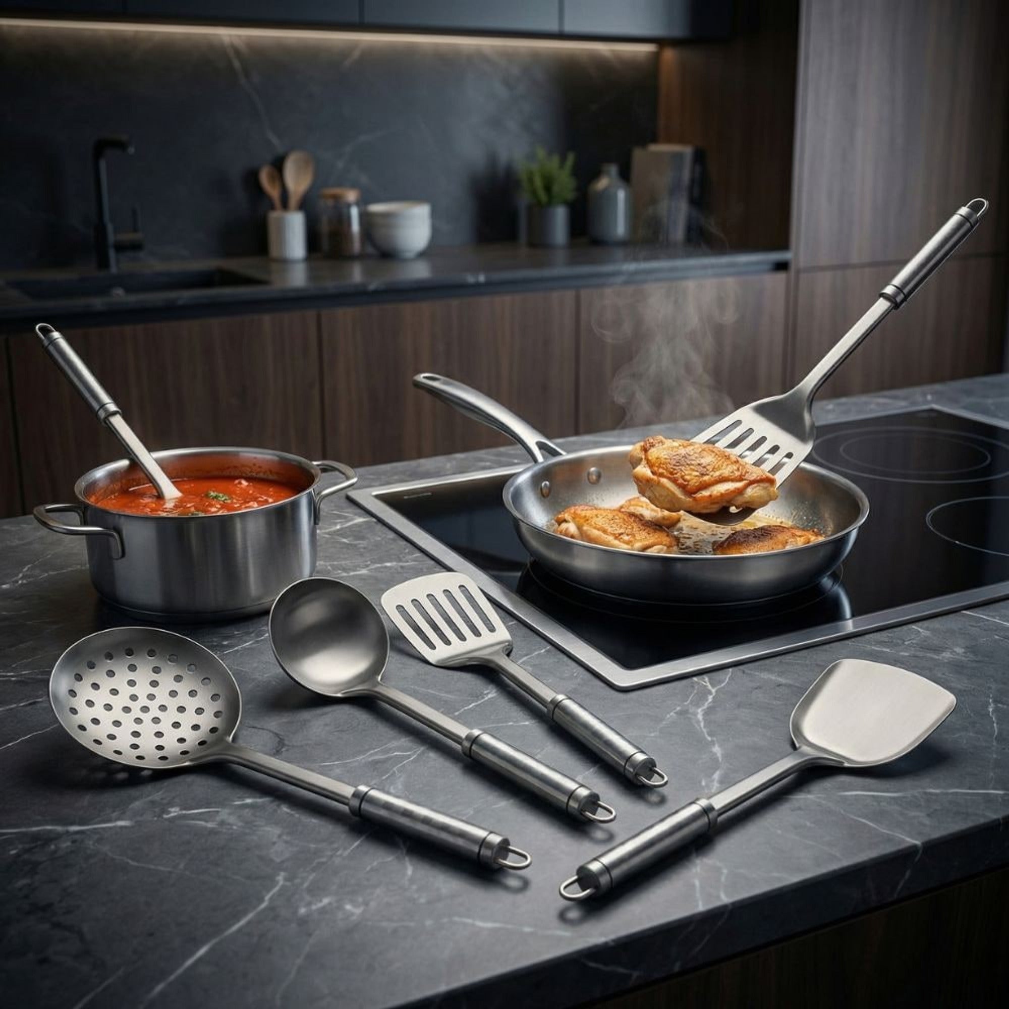 Titanium Chef Utensil Set Ultra-Light & Durable Kitchen Tools With Long Handles For Professional Cooking - Image 6