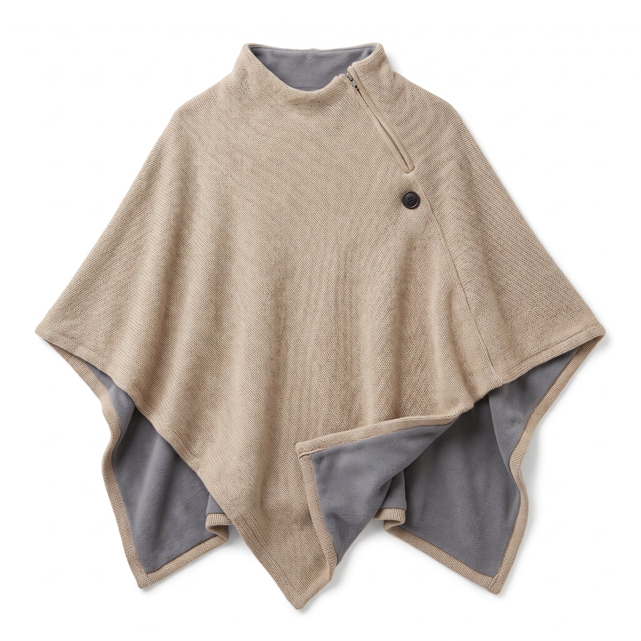 Wearable Heated Blanket with Supportive Relaxed Silhouette and Zip-Front Hooded Poncho - Khaki