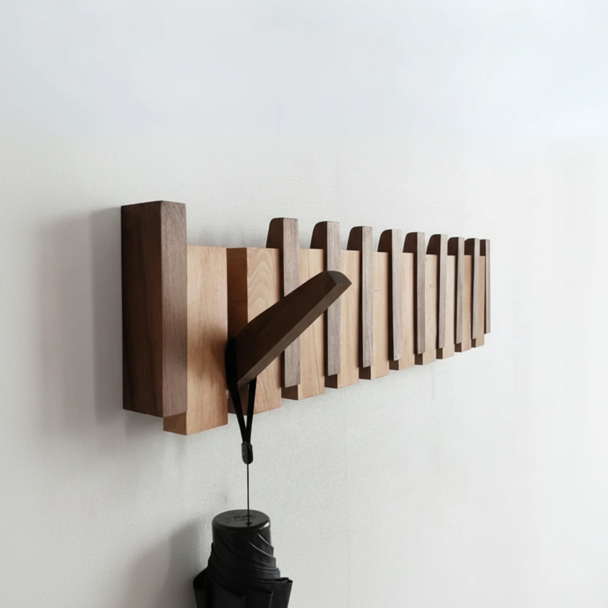 Wall Mounted Coat Rack With Retractable Two-Tone Wooden Finish - Image 1