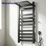 Wall Mounted Electric Heated Towel Rail With Top Storage Shelf And 5 Hooks For Fast Heating - Image 1