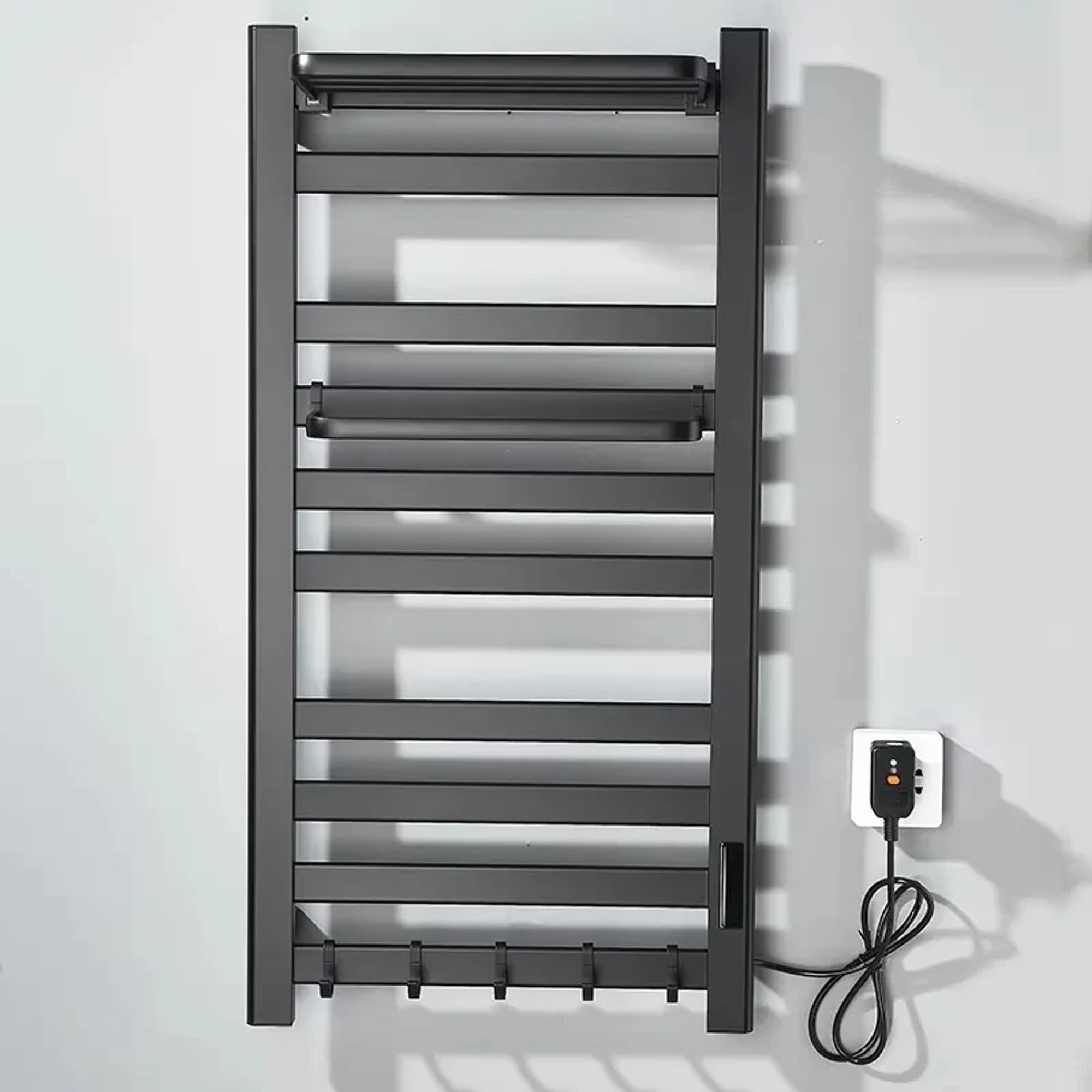 Wall Mounted Electric Heated Towel Rail With Top Storage Shelf And 5 Hooks For Fast Heating - Image 2