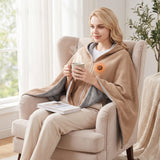 Wearable Heated Blanket with Supportive Relaxed Silhouette and Zip-Front Hooded Poncho - in-use