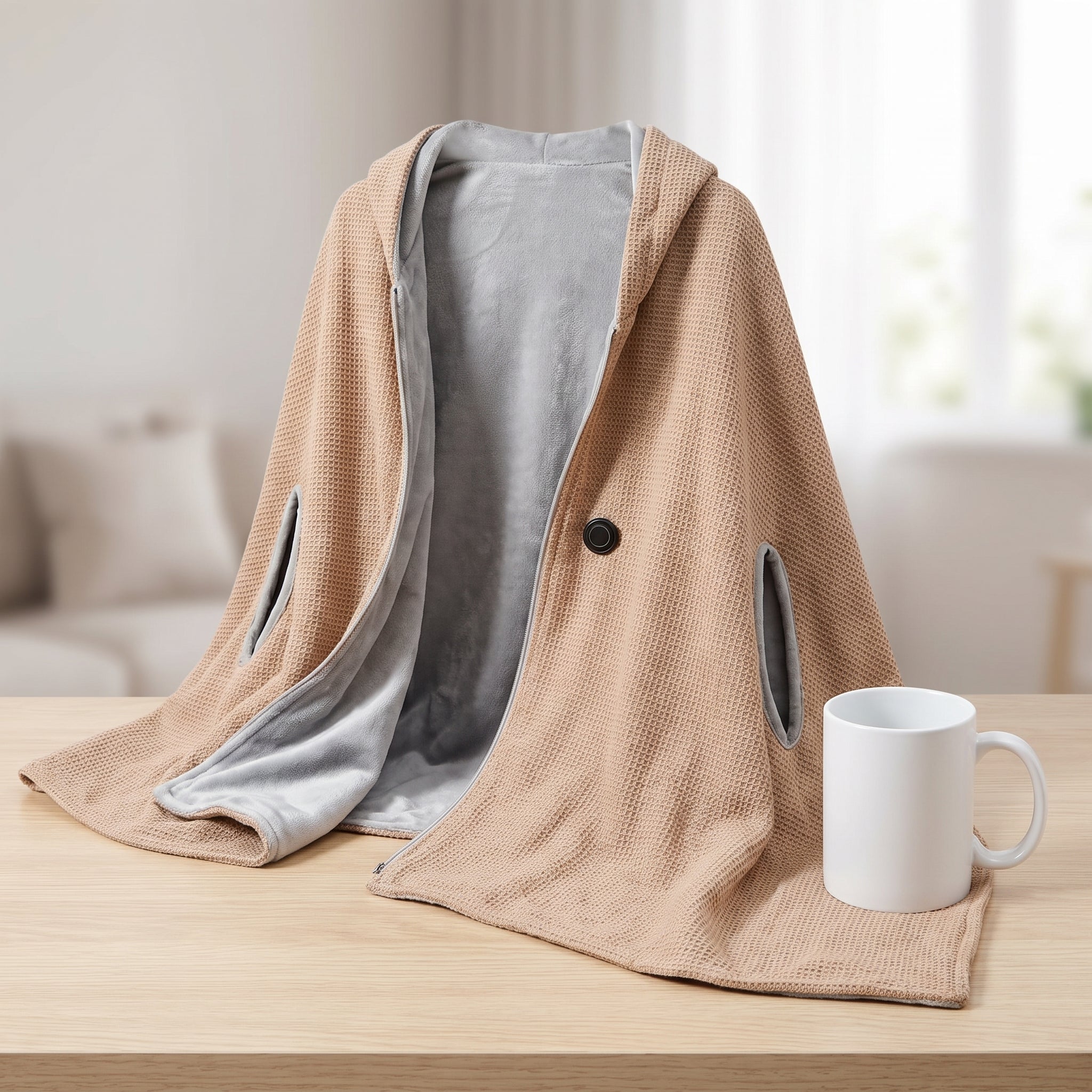 Wearable Heated Blanket with Supportive Relaxed Silhouette and Zip-Front Hooded Poncho - scale