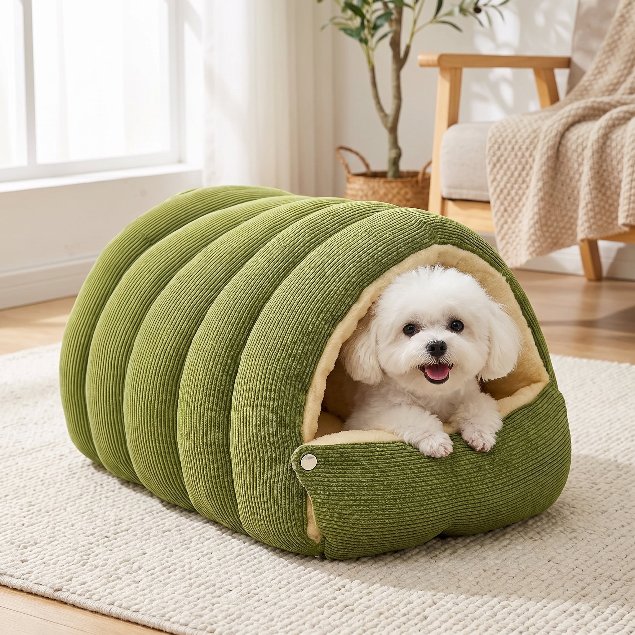 Corduroy Closed Cat Bed With Adjustable Tunnel Entrance - Image 1