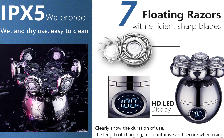 Wireless Electric Head Shaver With 7D Floating Blades LED Display And Type-C Fast Charging - Image 9