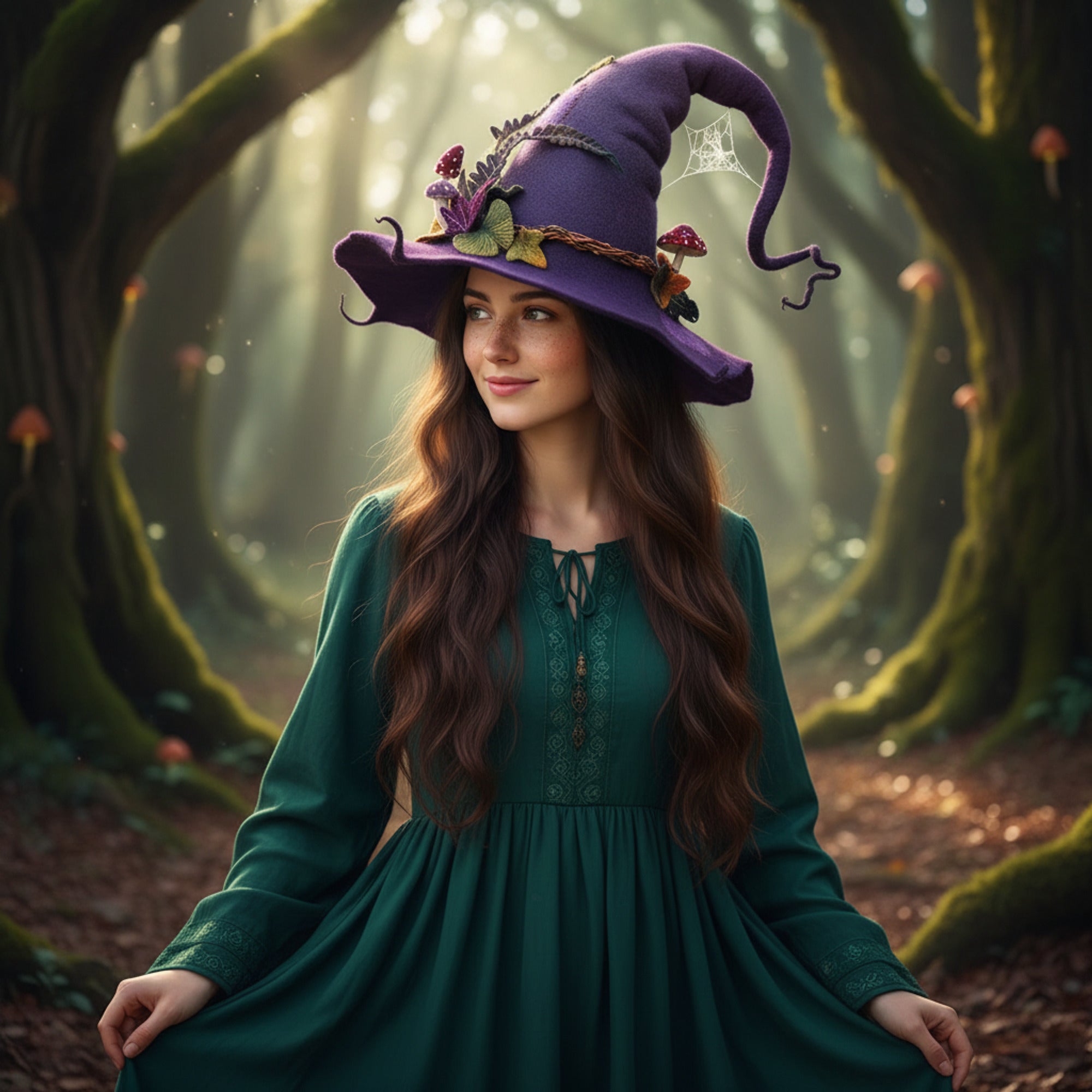Witch Hat For Halloween In Felted Wool With Spiderweb Embroidery Comfortable And Easy To Wear - Image 1