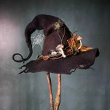 Witch Hat For Halloween In Felted Wool With Spiderweb Embroidery Comfortable And Easy To Wear - Image 4