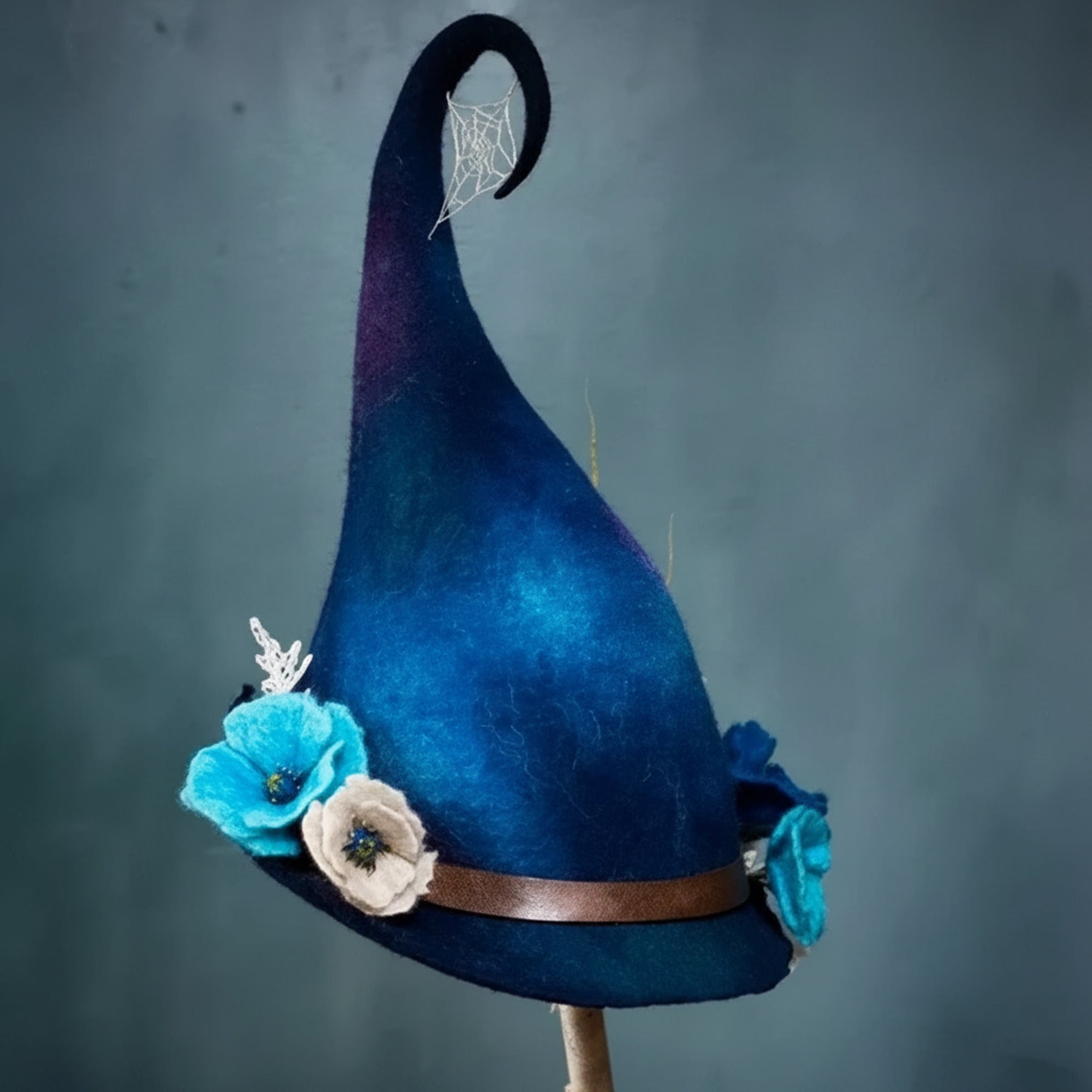 Witch Hat For Halloween In Felted Wool With Spiderweb Embroidery Comfortable And Easy To Wear - Image 6