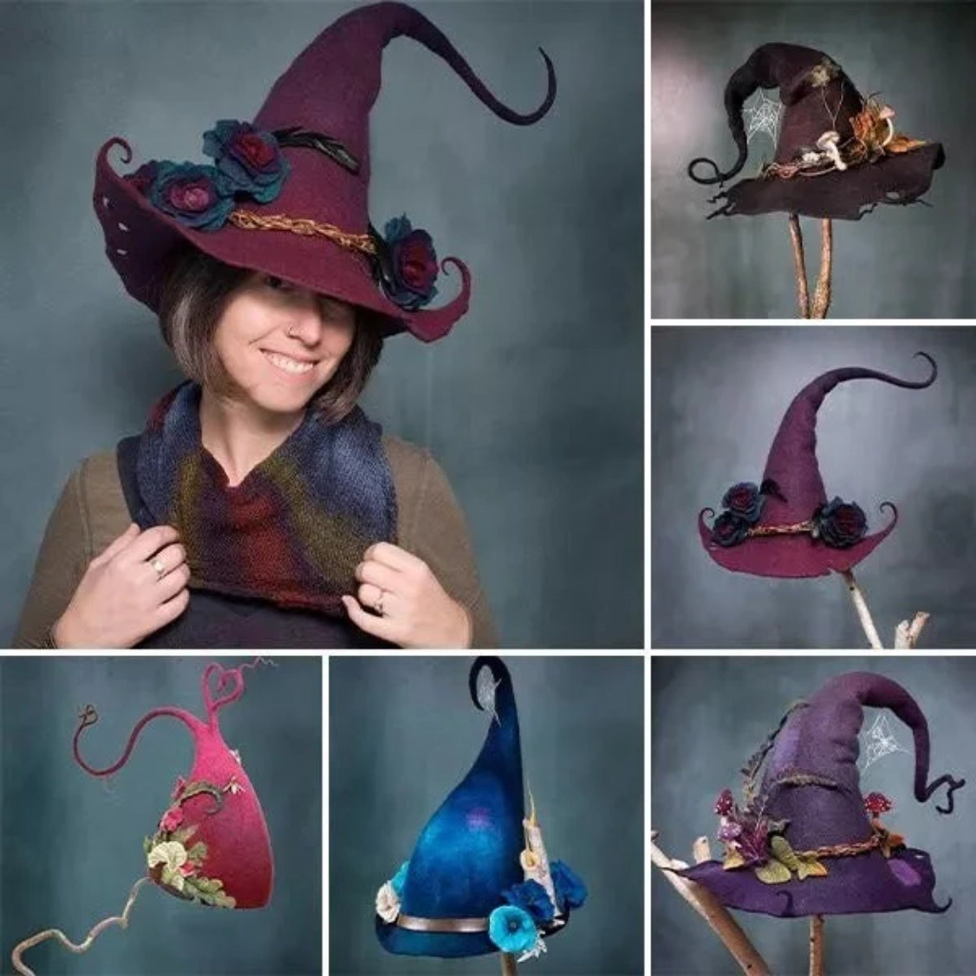 Witch Hat For Halloween In Felted Wool With Spiderweb Embroidery Comfortable And Easy To Wear - Image 5