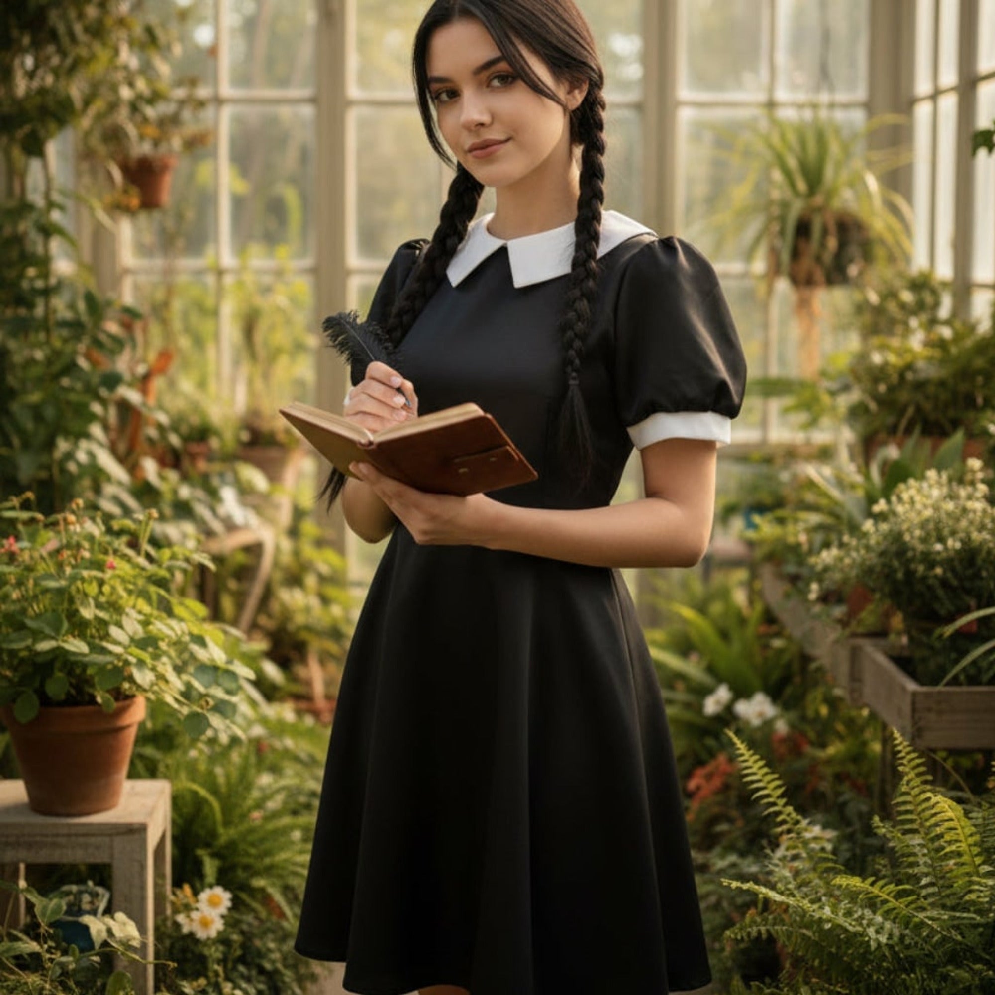 Women's Gothic Schoolgirl Halloween Costume Dress With Crisp White Collar And Elegant Long Sleeves - Image 2