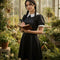 Women's Gothic Schoolgirl Halloween Costume Dress With Crisp White Collar And Elegant Long Sleeves - Image 2