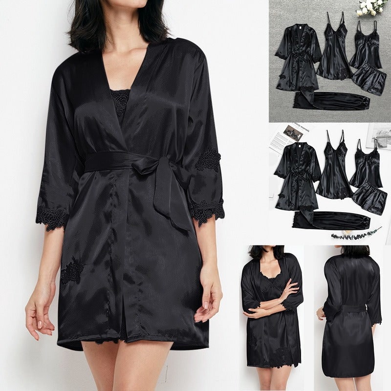 Women's Satin Sleepwear Set With Robe Camisole Shorts And Slip Dress - Image 1