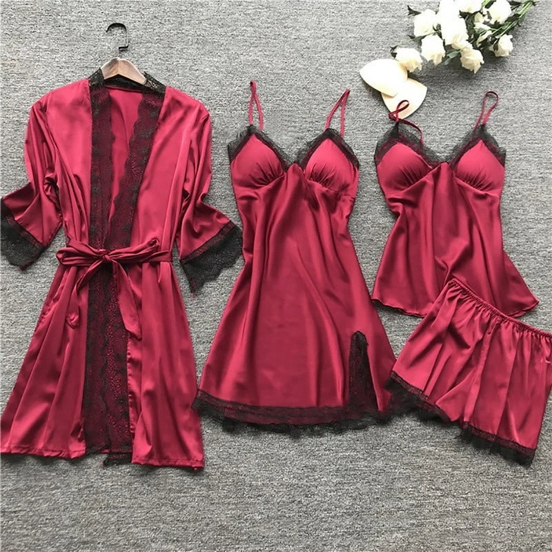 Women's Satin Sleepwear Set With Robe Camisole Shorts And Slip Dress - Image 2