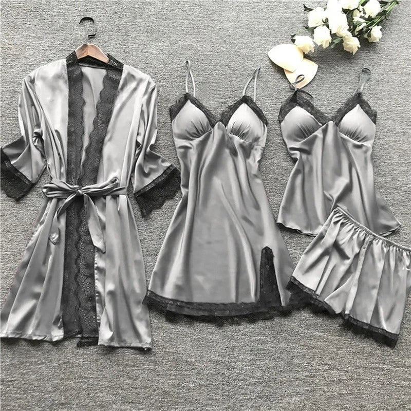 Women's Satin Sleepwear Set With Robe Camisole Shorts And Slip Dress - Image 3