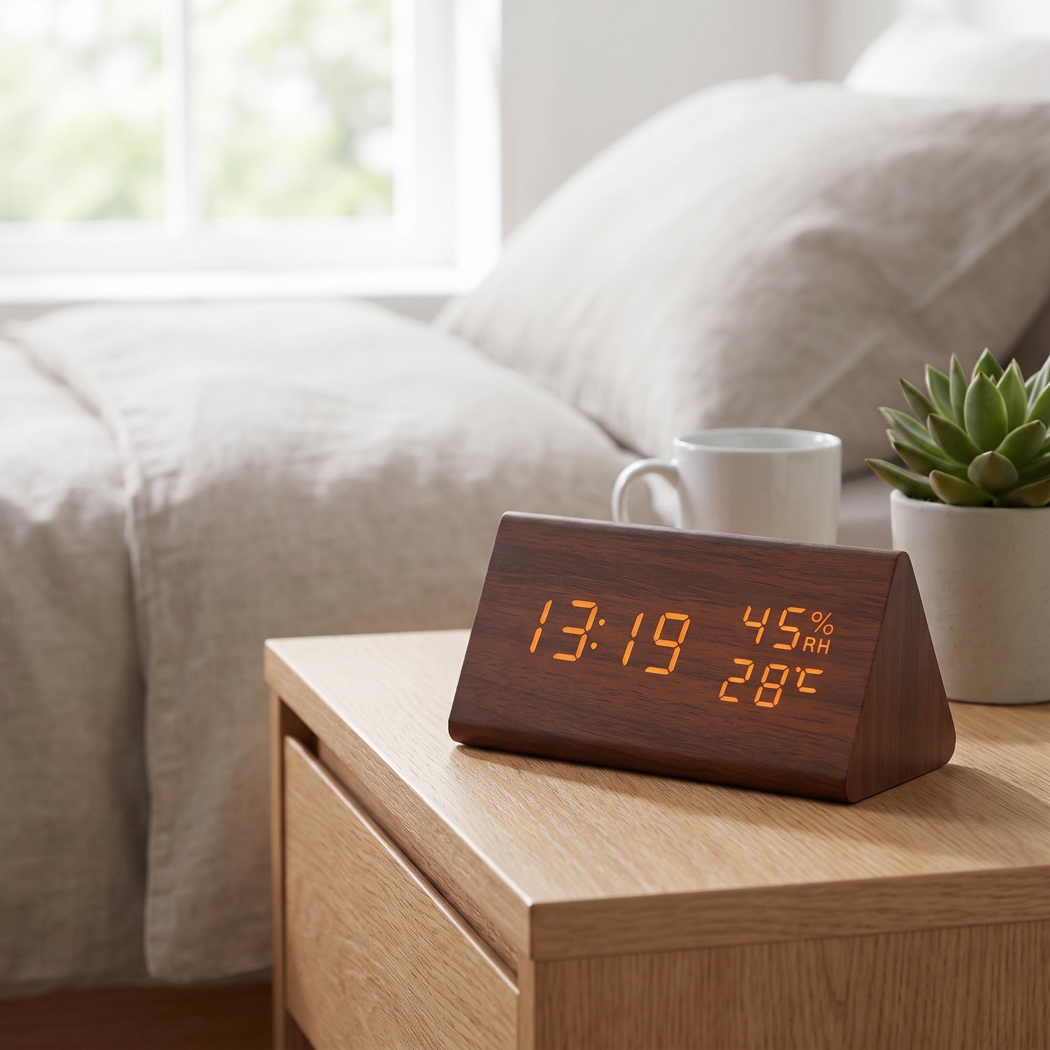 Wooden Digital Clock Triangular Desk With LED Display And Temperature - Image 1