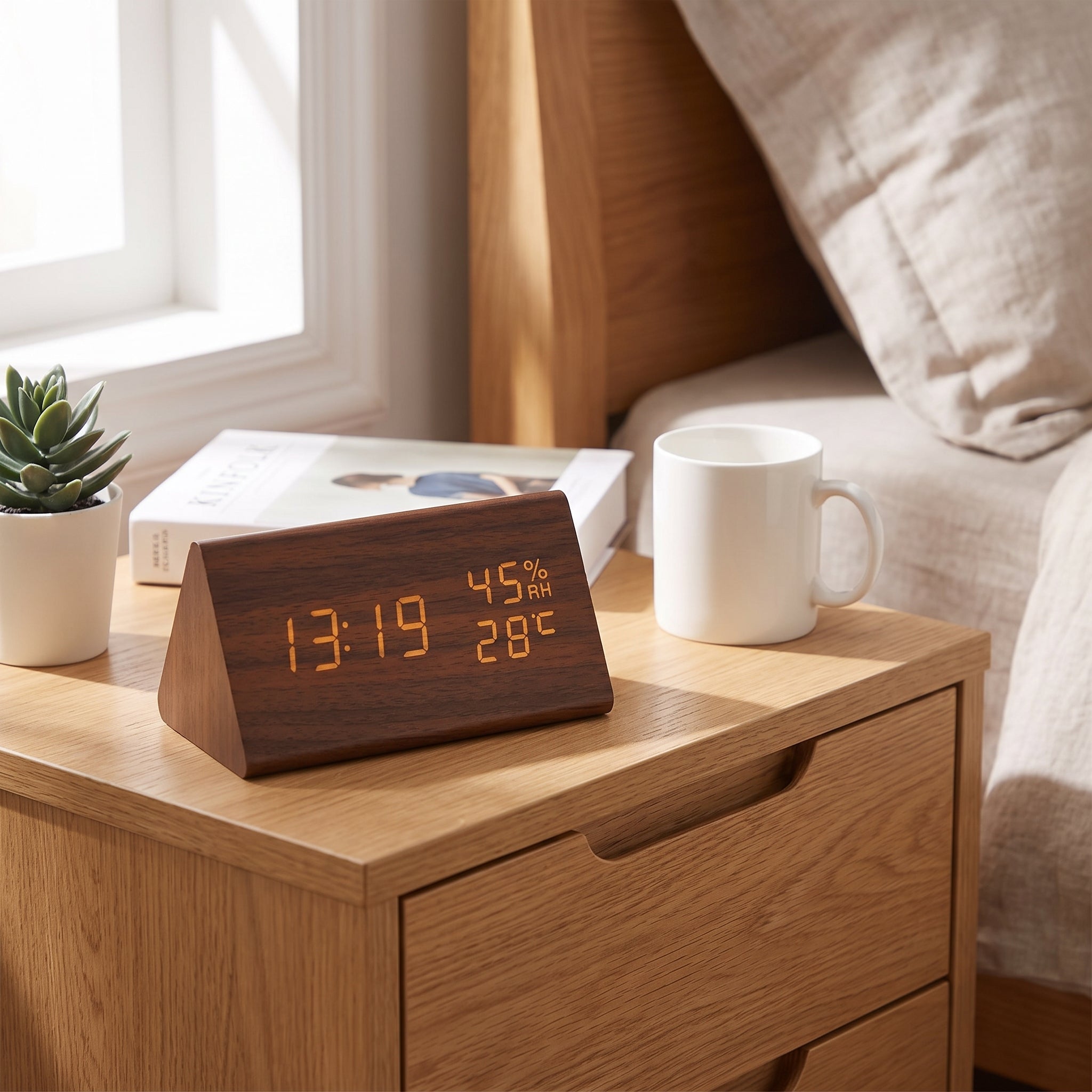 Wooden Digital Clock Triangular Desk With LED Display And Temperature - Image 2