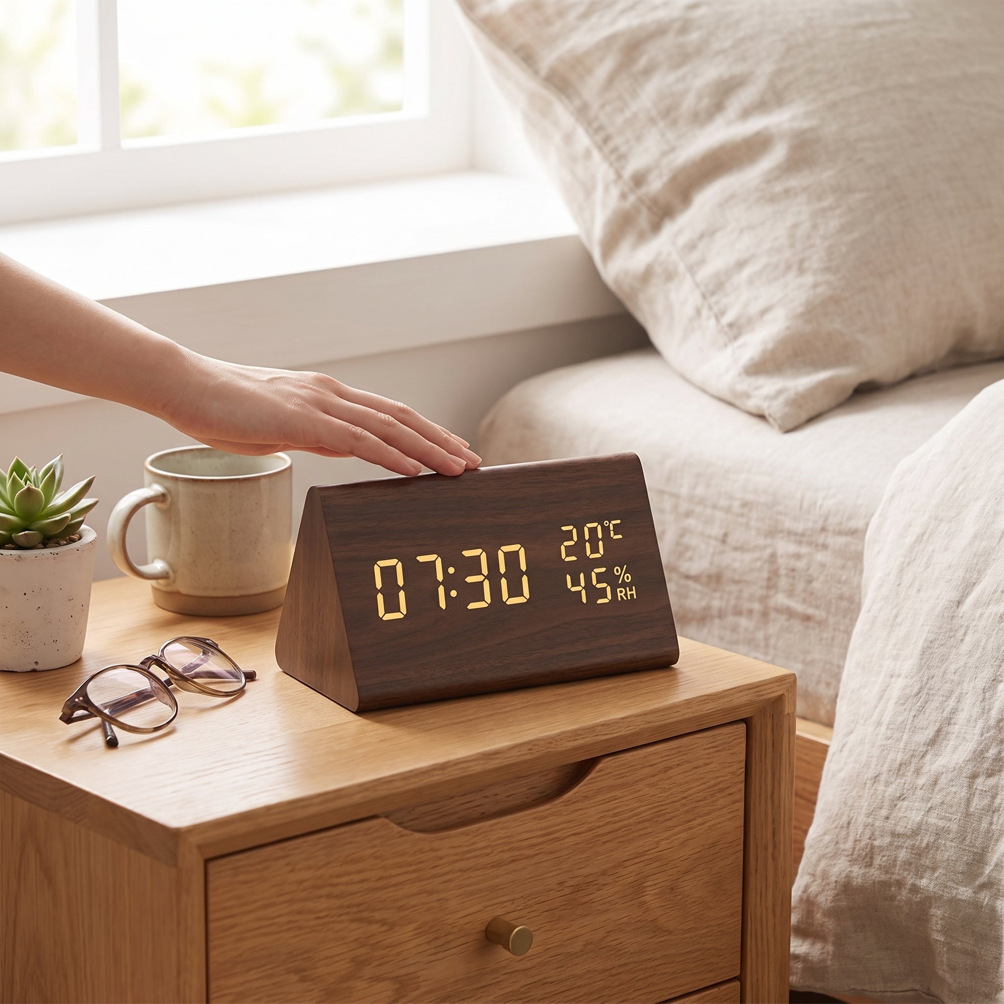 Wooden Digital Clock Triangular Desk With LED Display And Temperature - Image 3