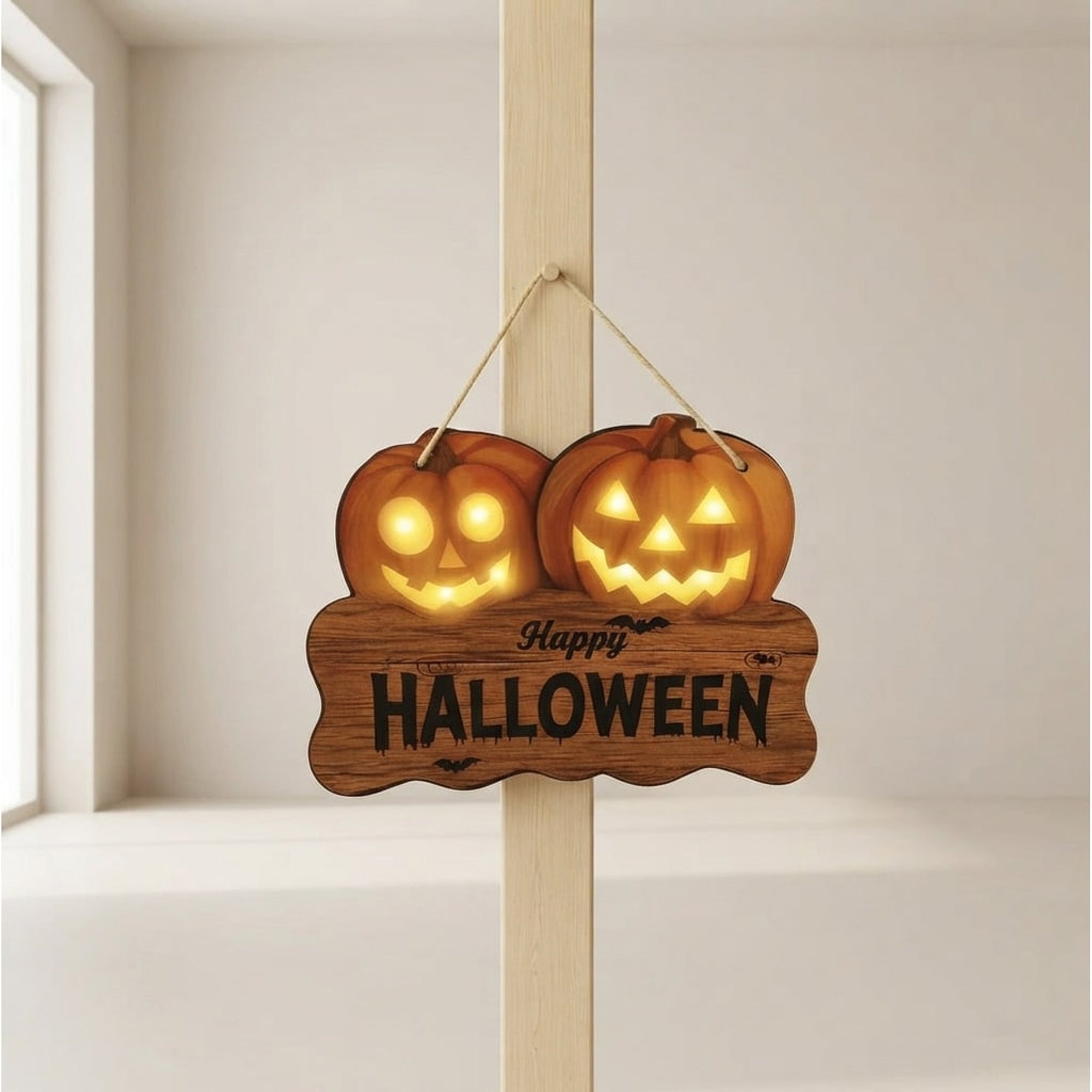 Wooden Halloween Sign With Lighted Jack O Lantern Hanging Decoration For Indoor And Outdoor Display - Image 1