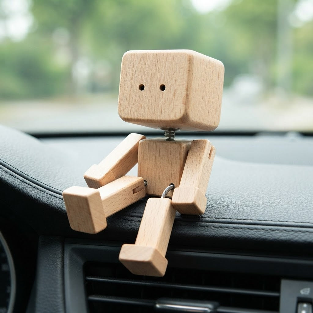 Wooden Robot Figurine With Interchangeable Magnetic Face - Image 1